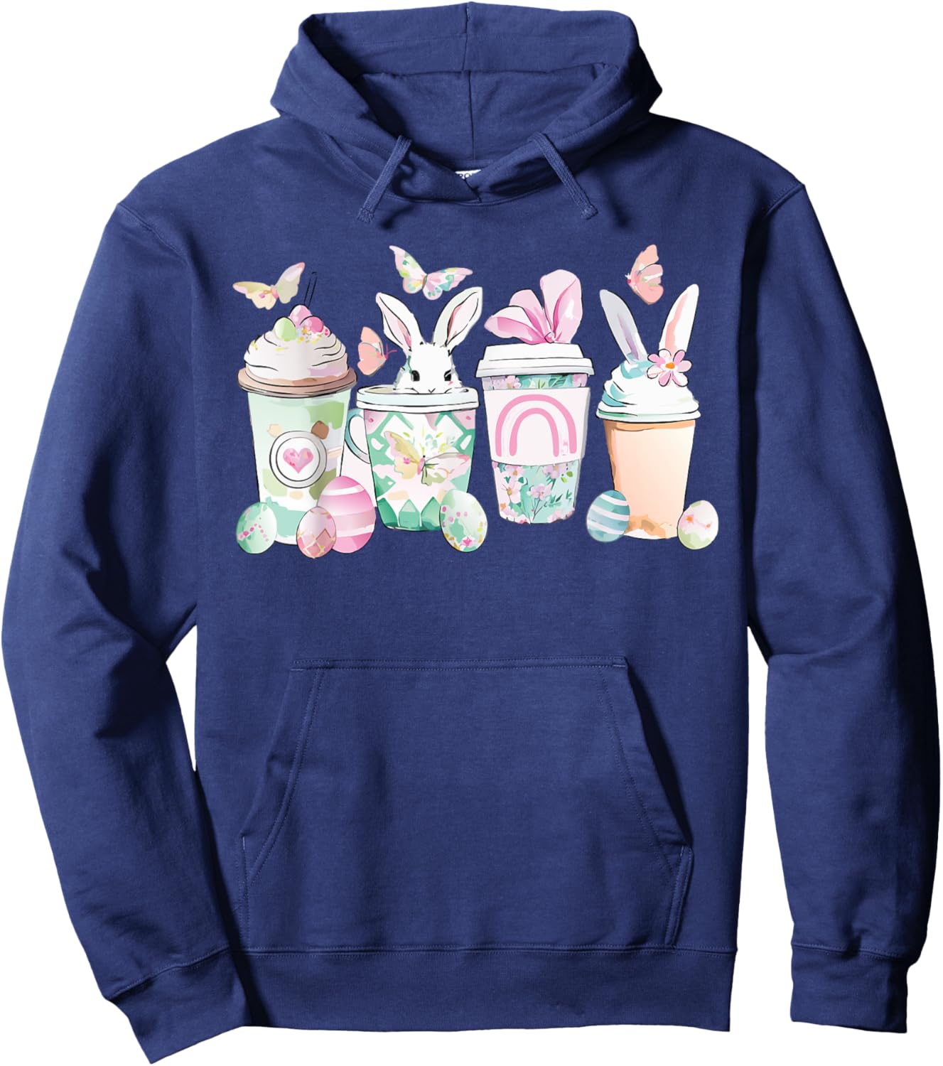 Easter Eggs Coffee Bunny Cups Latte Iced Cream Women Girls Hoodie - Hoodie | Navy