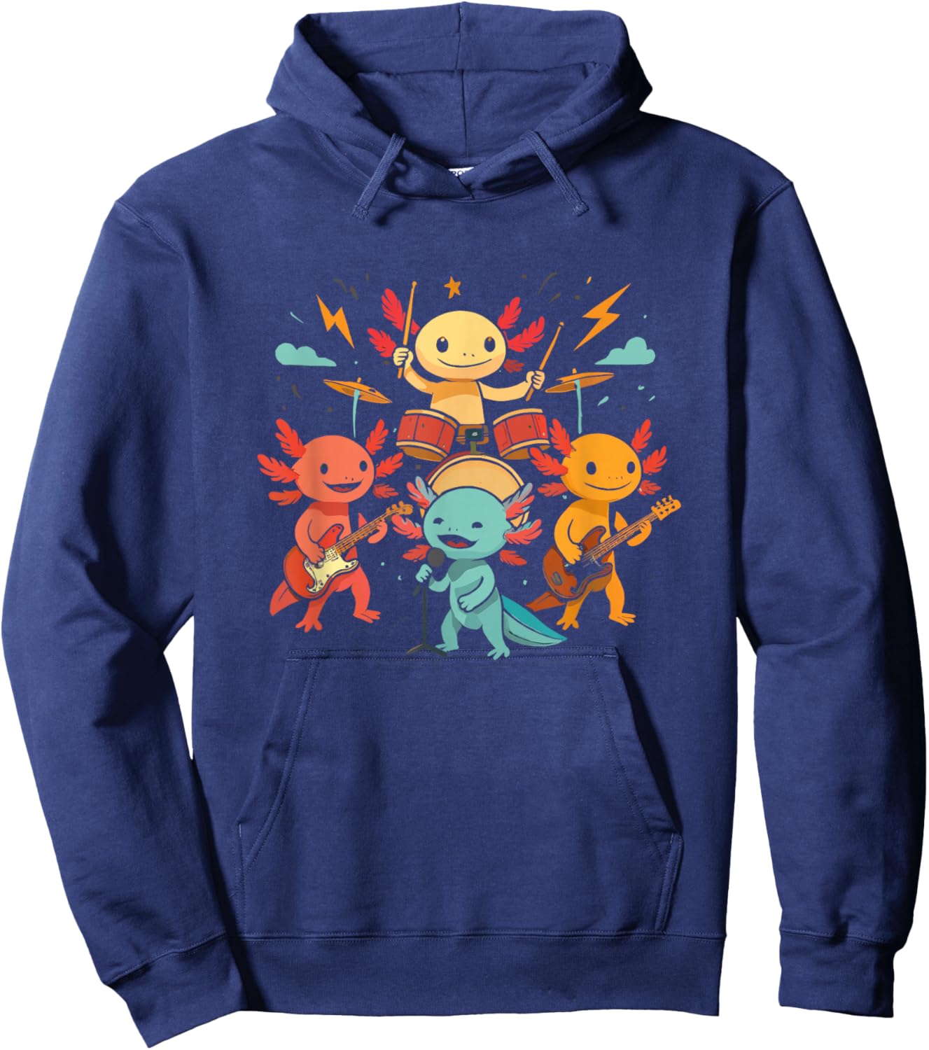 Cute Axolotl Rock Band Playing Drums Guitar Singing Graphic Hoodie - Hoodie | Navy