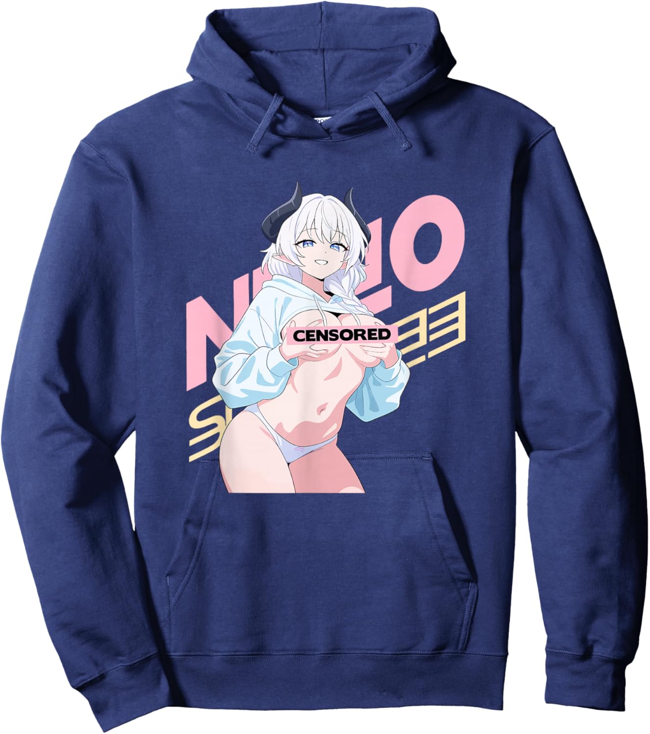 Waifu Sexy Anime Girl Horns Japanese Retro Art Hoodie - Hoodie | Navy