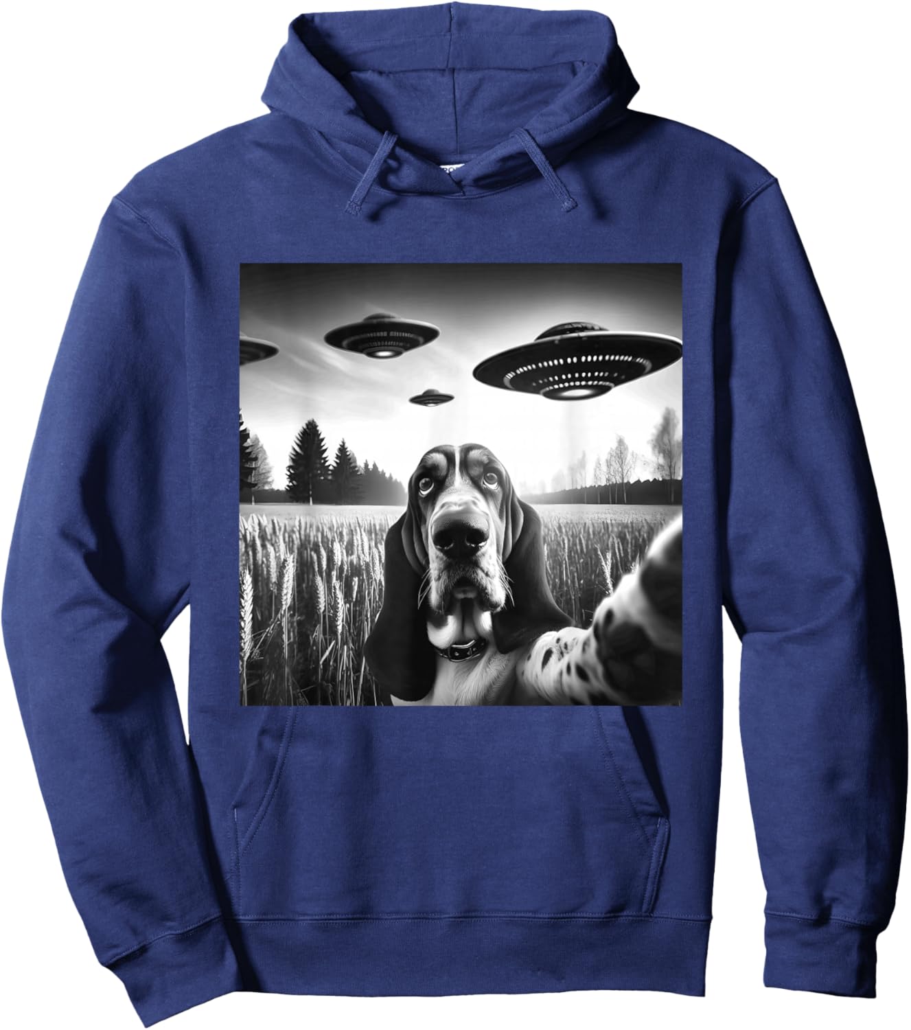 Basset Hound Funny Dog Graphic Selfie with UFOs Weird Aliens Hoodie - Hoodie | Navy