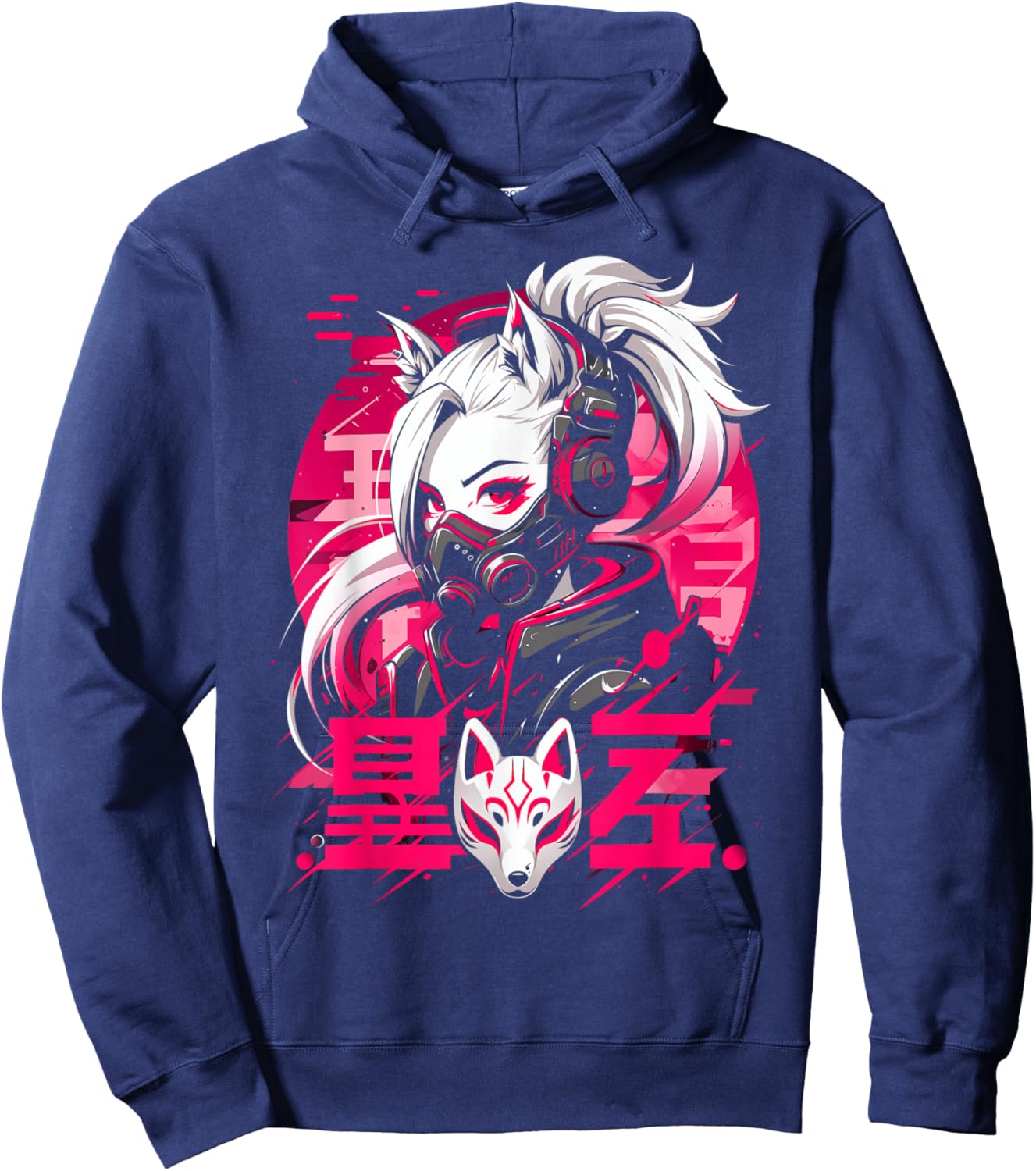Anime Manga Cyberpunk Aesthetic Techwear Harajuku Kitsune Hoodie - Hoodie | Navy