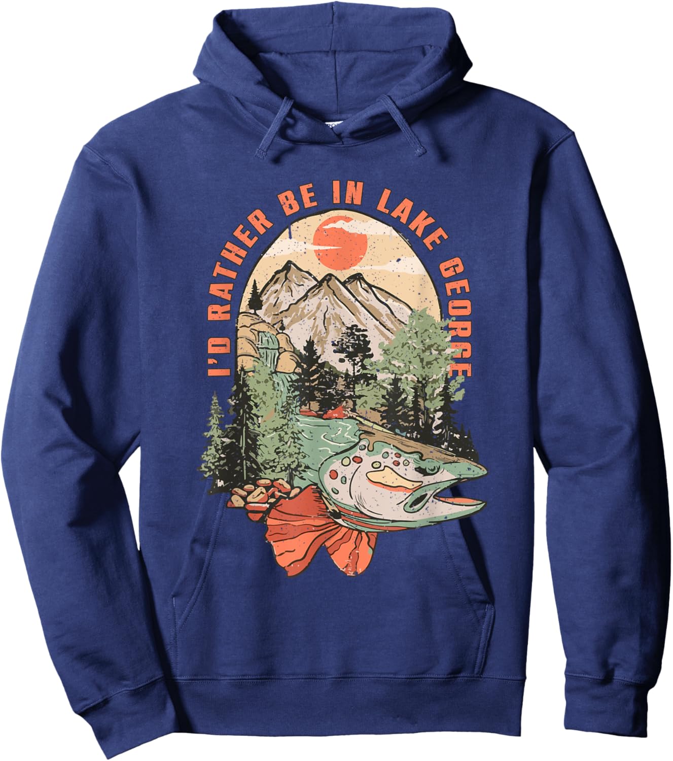 Vintage Lake Trout Fishing Lake George New York Camping Hoodie - Hoodie | Navy