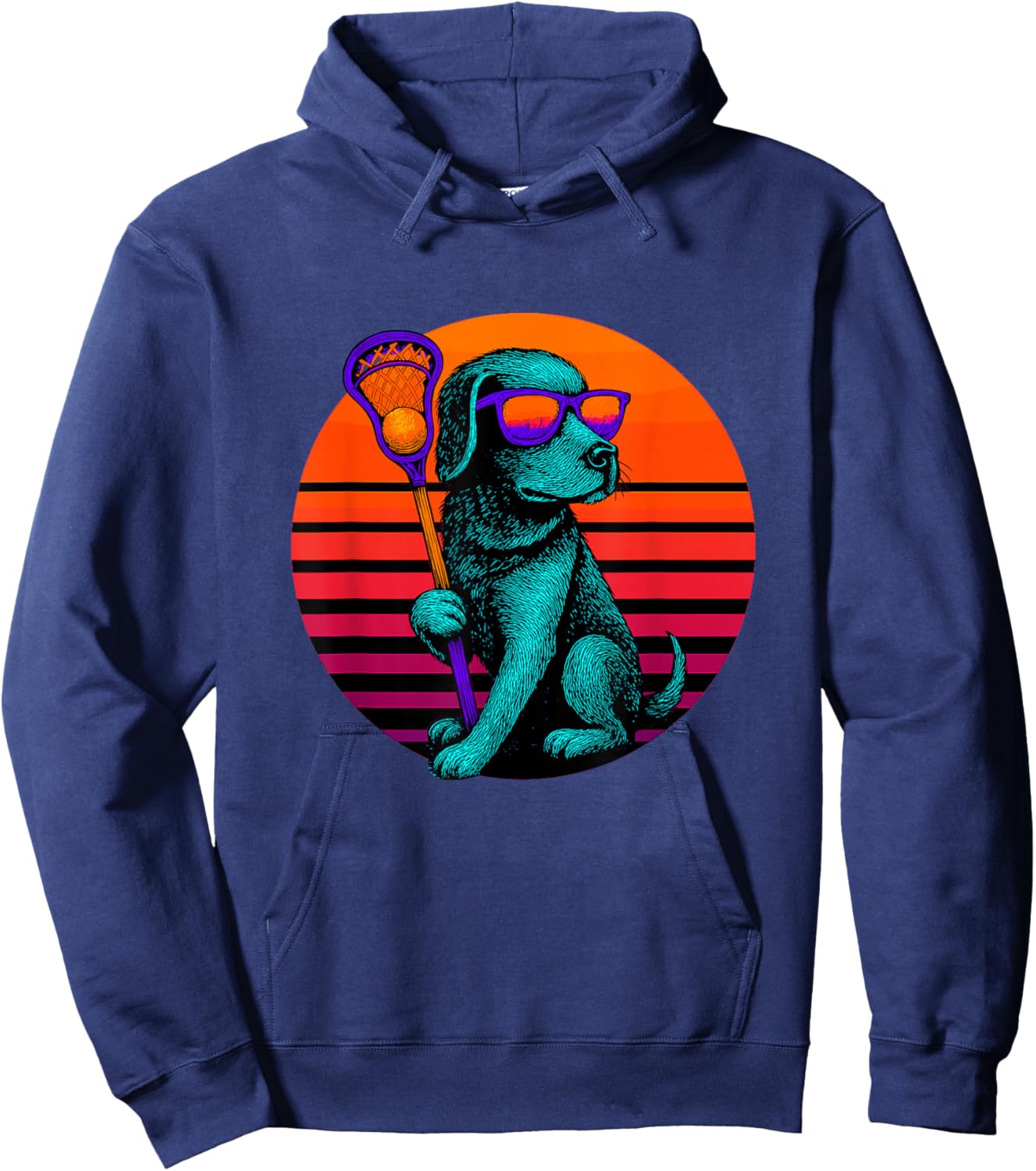 Retro Dog with Lacrosse Stick Lacrosse Player Hoodie - Hoodie | Navy