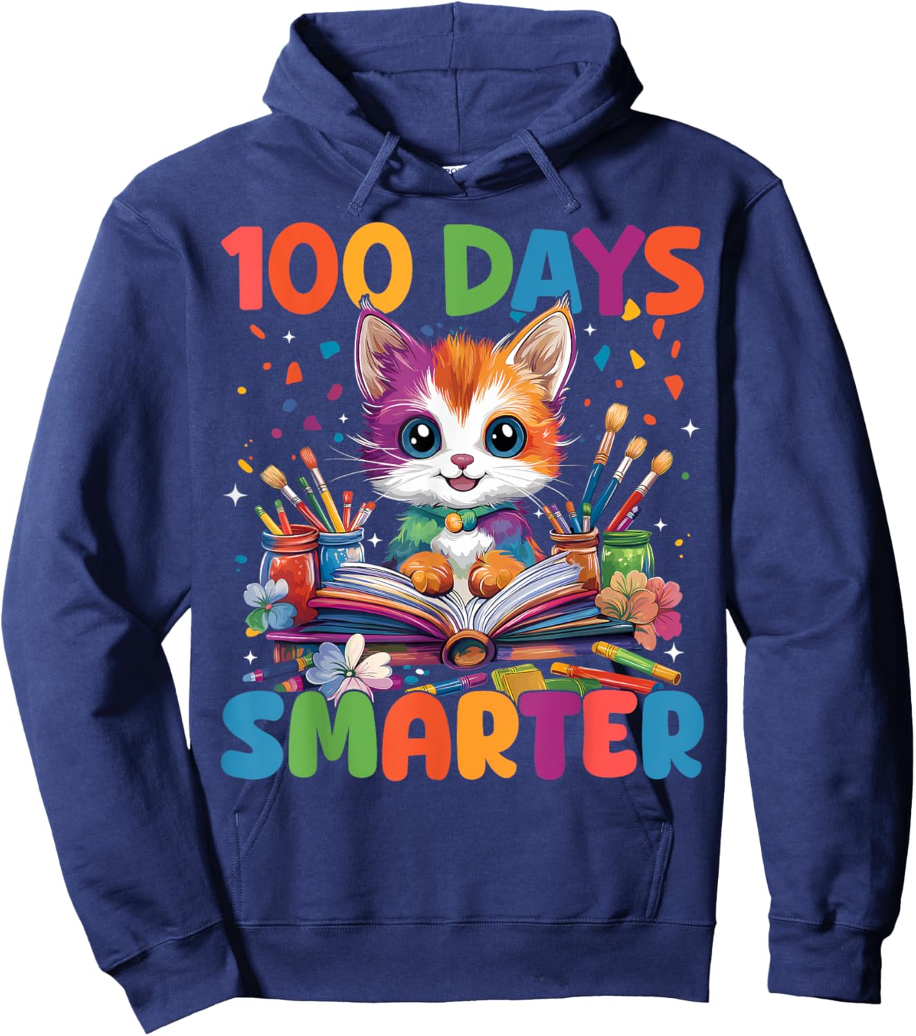 Cats 100th Day Of School Teacher 100 Days Smarter Cat Kitty Hoodie - Hoodie | Navy