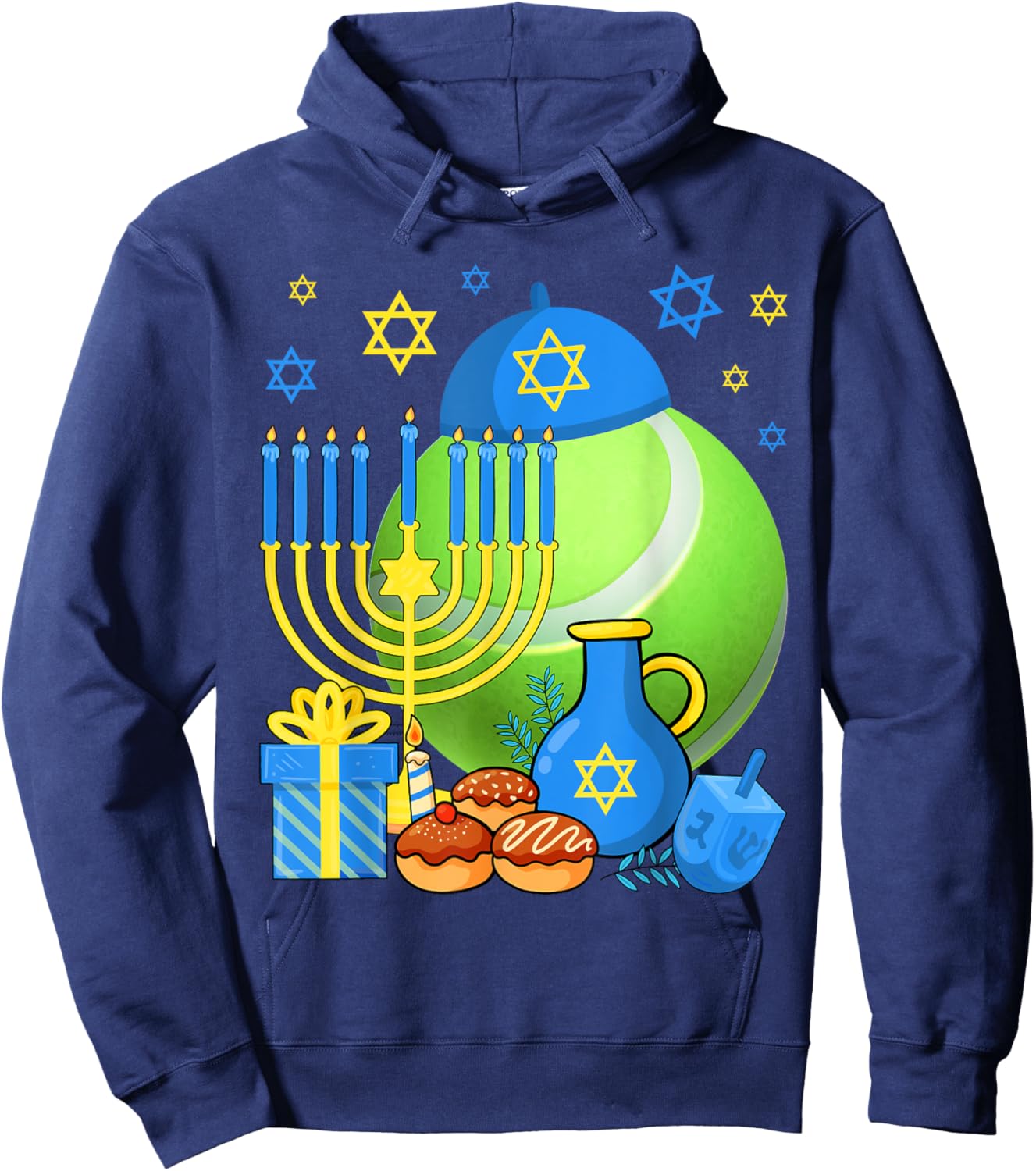 Funny Jewish Tennis Ball Menorah Happy Hanukkah Chanukah Kid Hoodie - Hoodie | Navy