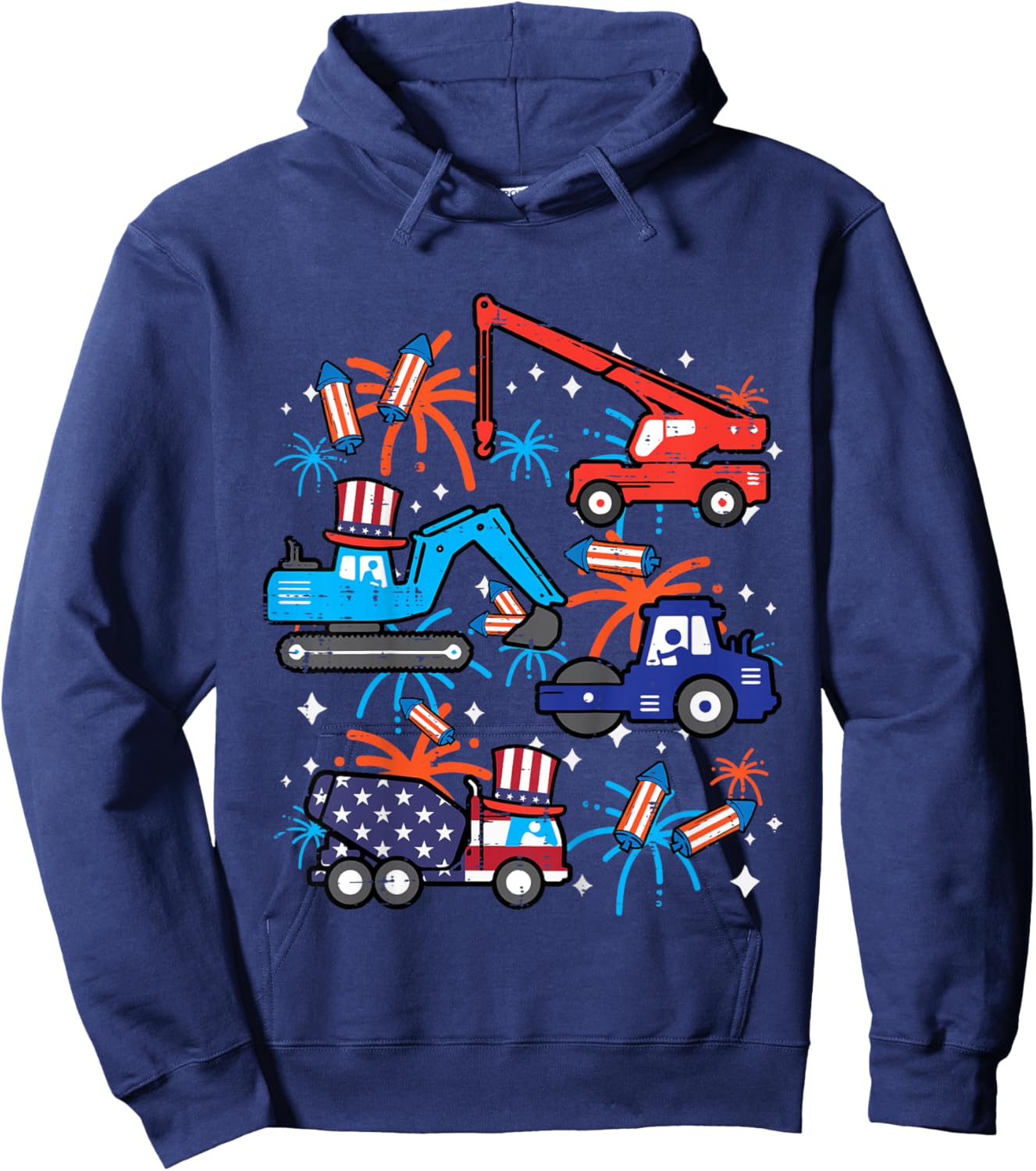 Kids 4th July Construction Trucks Vehicle Patriot Boy Kid Toddler Hoodie - Hoodie | Navy