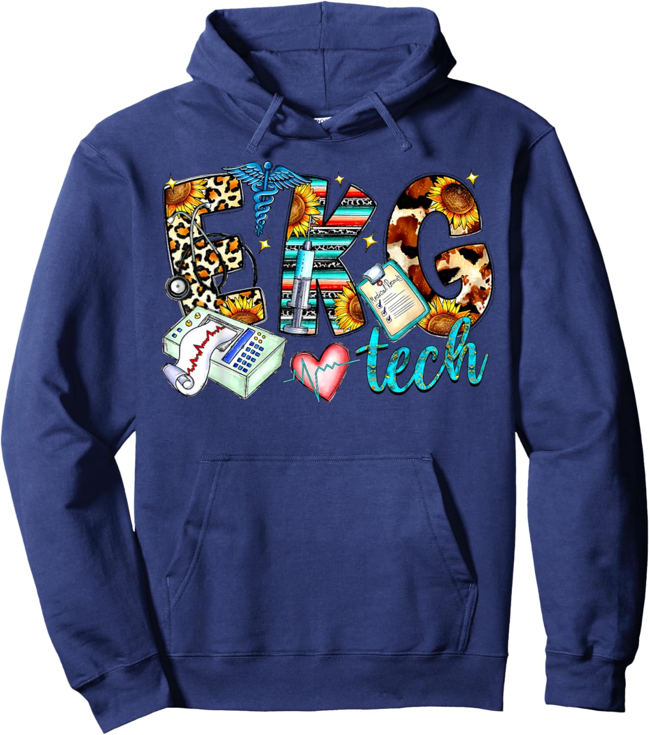 Retro Leopard EKG Tech Apparel Electrocardiogram Specialist Hoodie - Hoodie | Navy