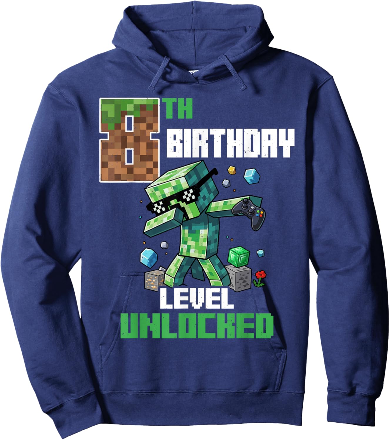 8th Birthday Level Unlocked Pixel Dab 8 Bday Gamer Boys Kids Hoodie - Hoodie | Navy