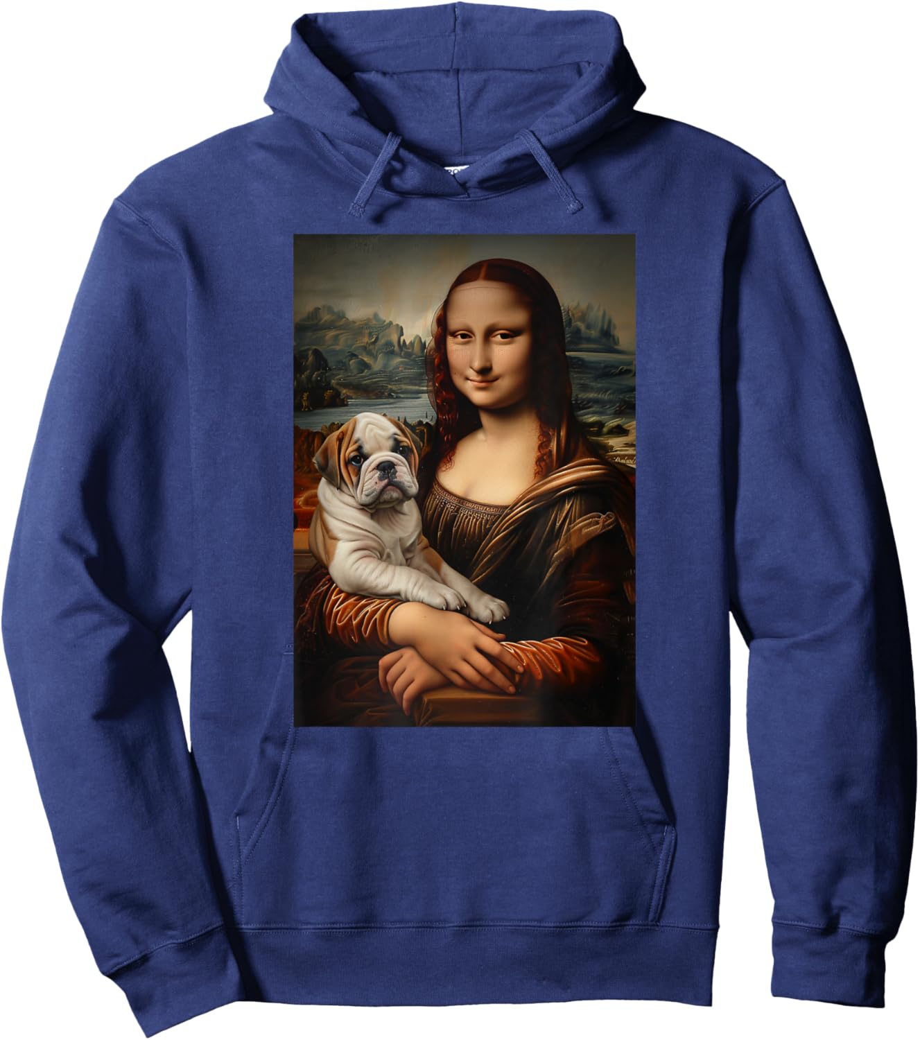 English Bulldog Mona Lisa Painting Art Dog Mom Dad Women Girls Kids Hoodie - Hoodie | Navy