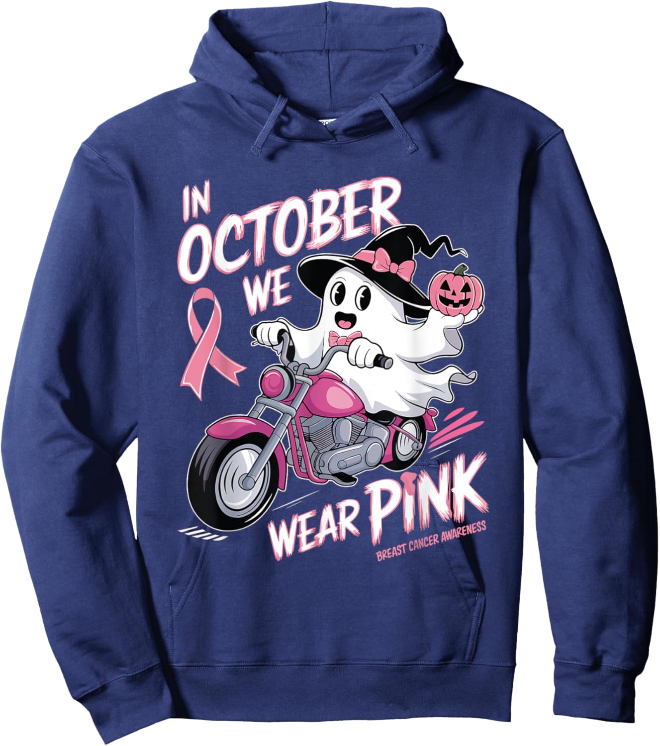 In October We Wear Pink Ghost Riding Motorcycle Halloween Hoodie - Hoodie | Navy