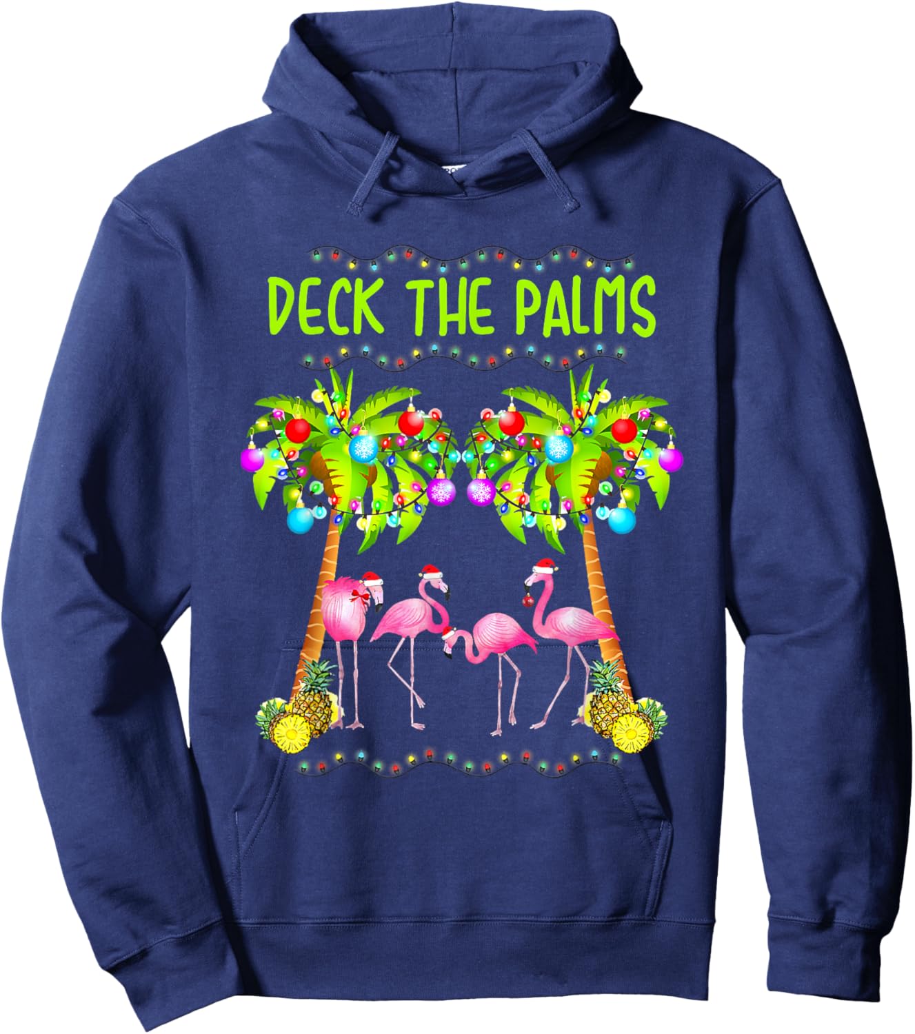 Deck The Palms Merry Flamingo Christmas Palm Tree Funny Xmas Hoodie - Hoodie | Navy