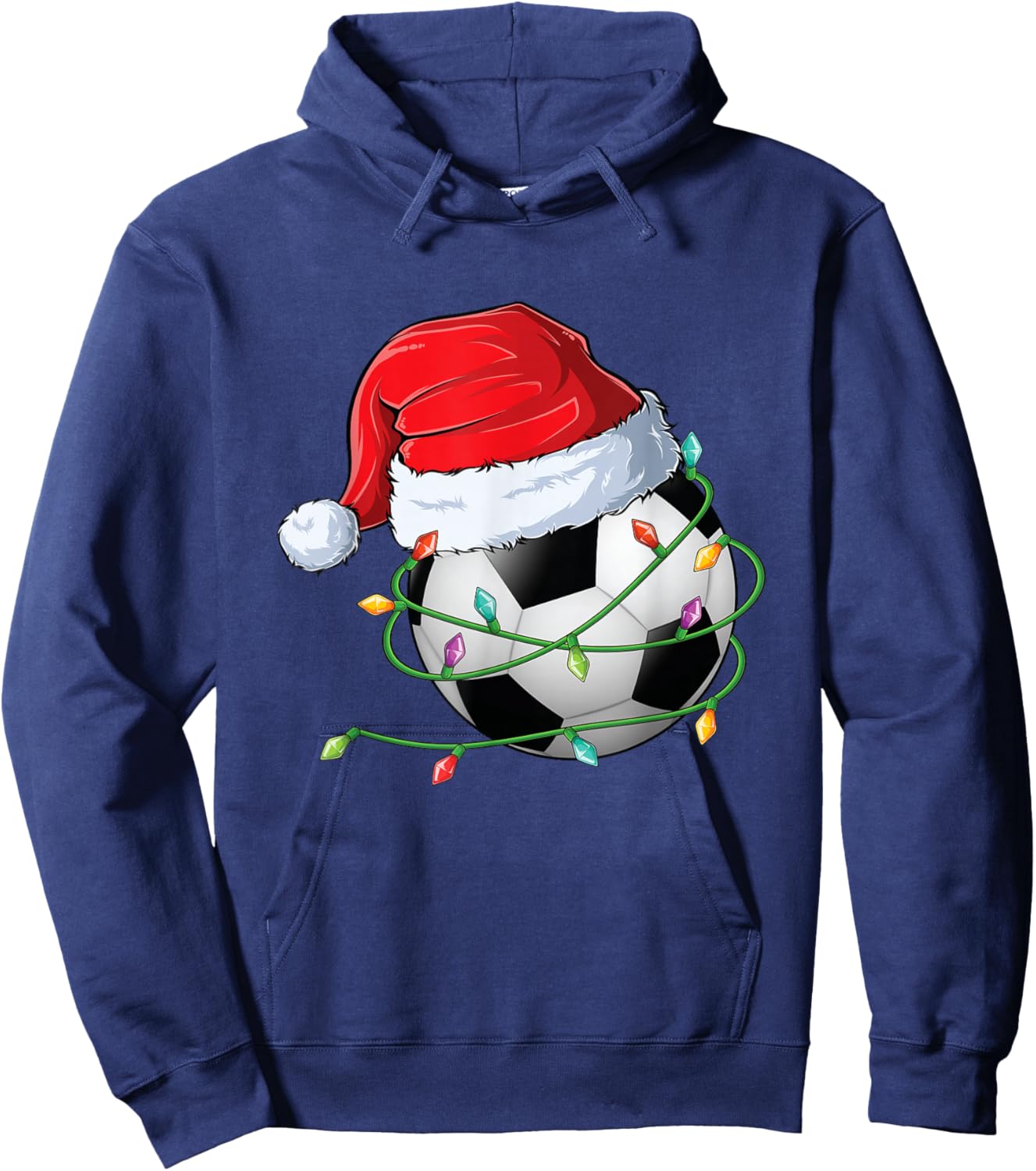 Christmas Soccer Santa Hat wrapped in Holiday Lights Hoodie - Hoodie | Navy