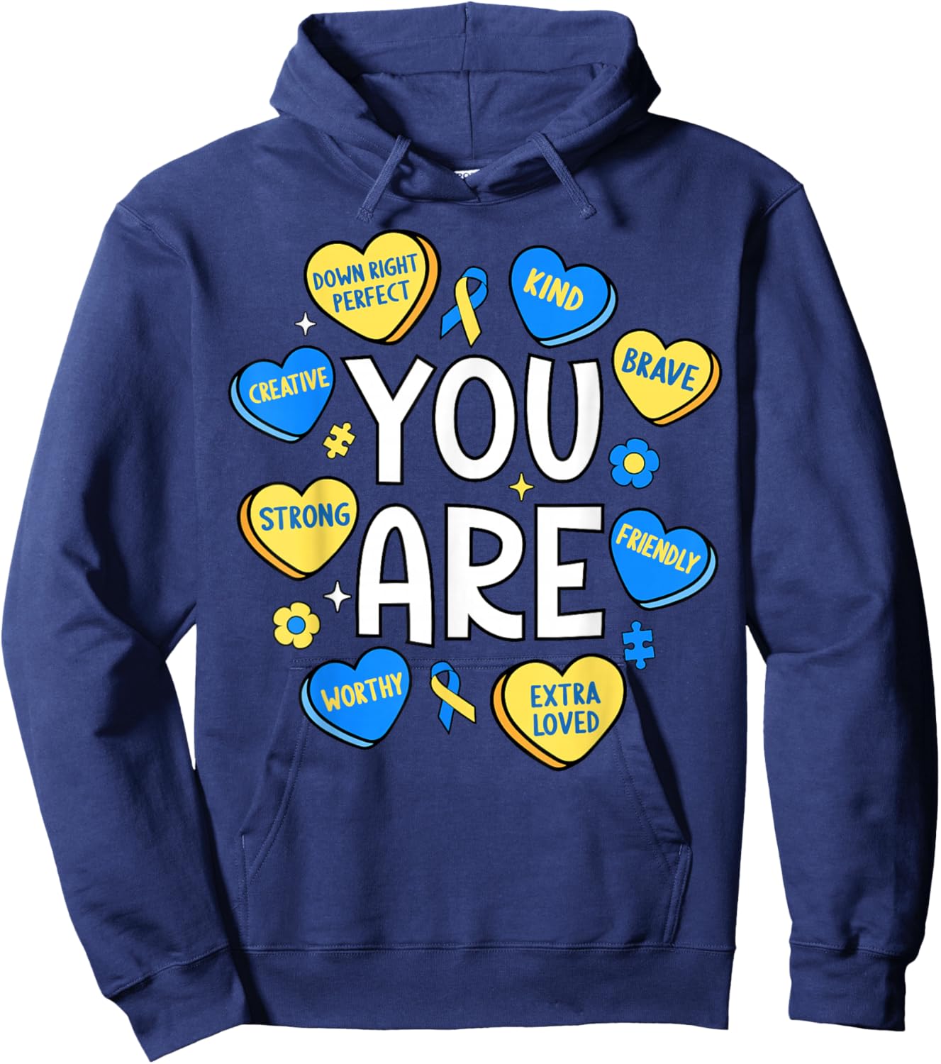 Down Syndrome Awareness Positive Candy Heart Cute Trisomy 21 Hoodie - Hoodie | Navy