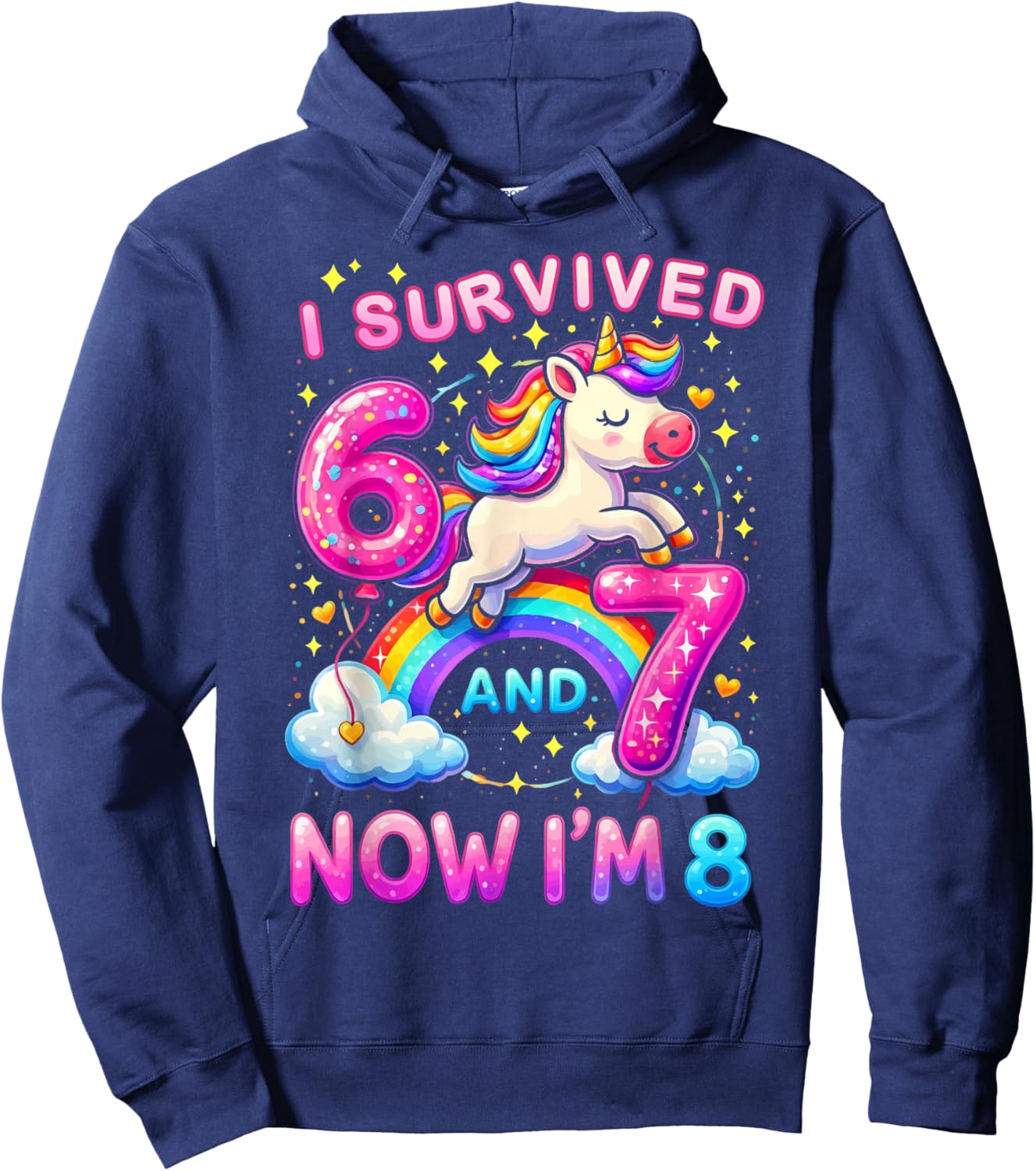 I Survived 6-7 and Now I'm 8 Years Old Girl Unicorn Birthday Hoodie - Hoodie | Navy