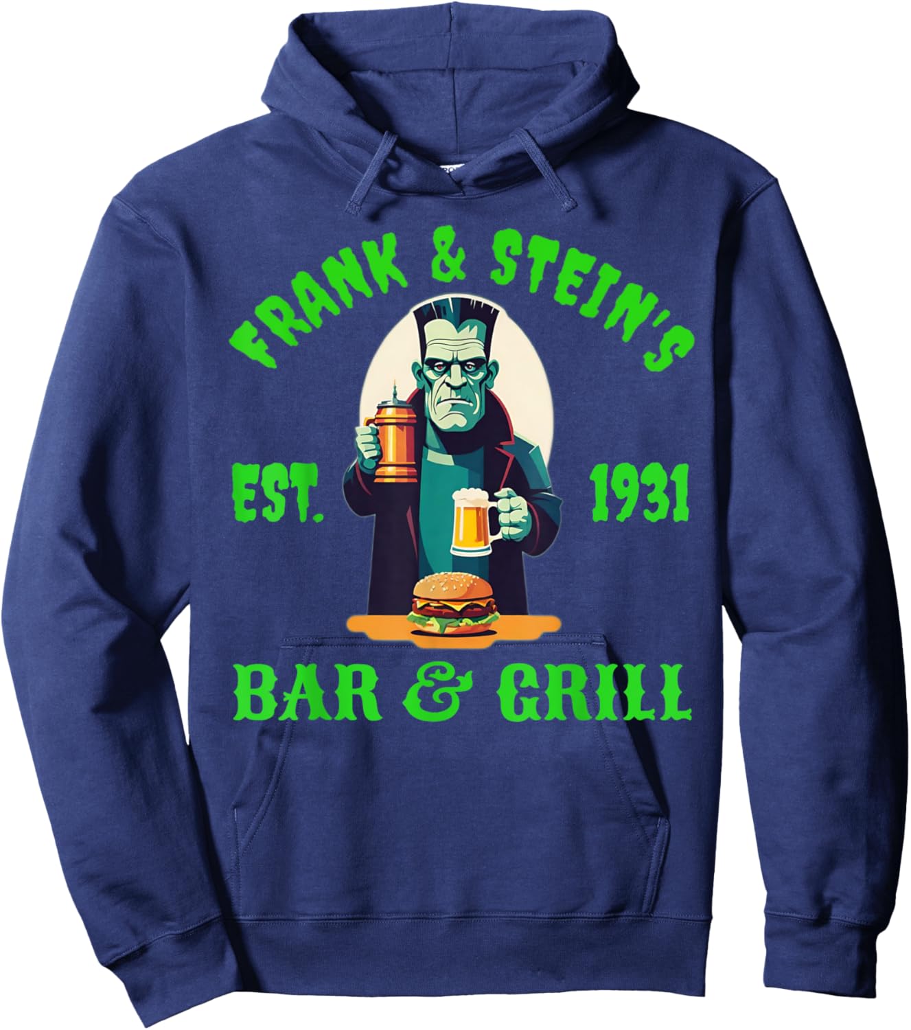 Frank and Steins Bar and Grill Frankenstein Funny Halloween Hoodie - Hoodie | Navy