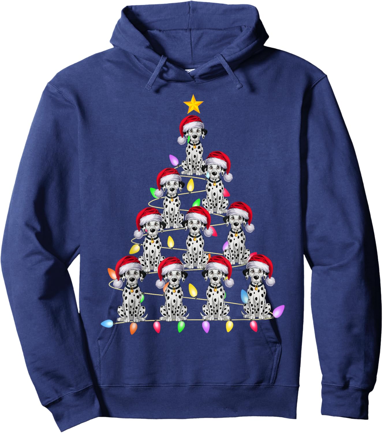 Christmas Tree Lights Men Women Santa Dalmatian Dog Xmas PJs Hoodie - Hoodie | Navy