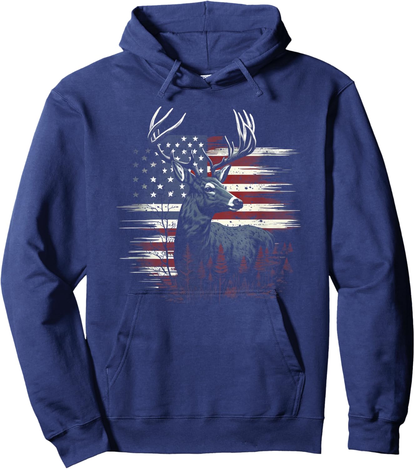 Deer Hunting American Flag Whitetail Buck Antlers Hoodie - Hoodie | Navy