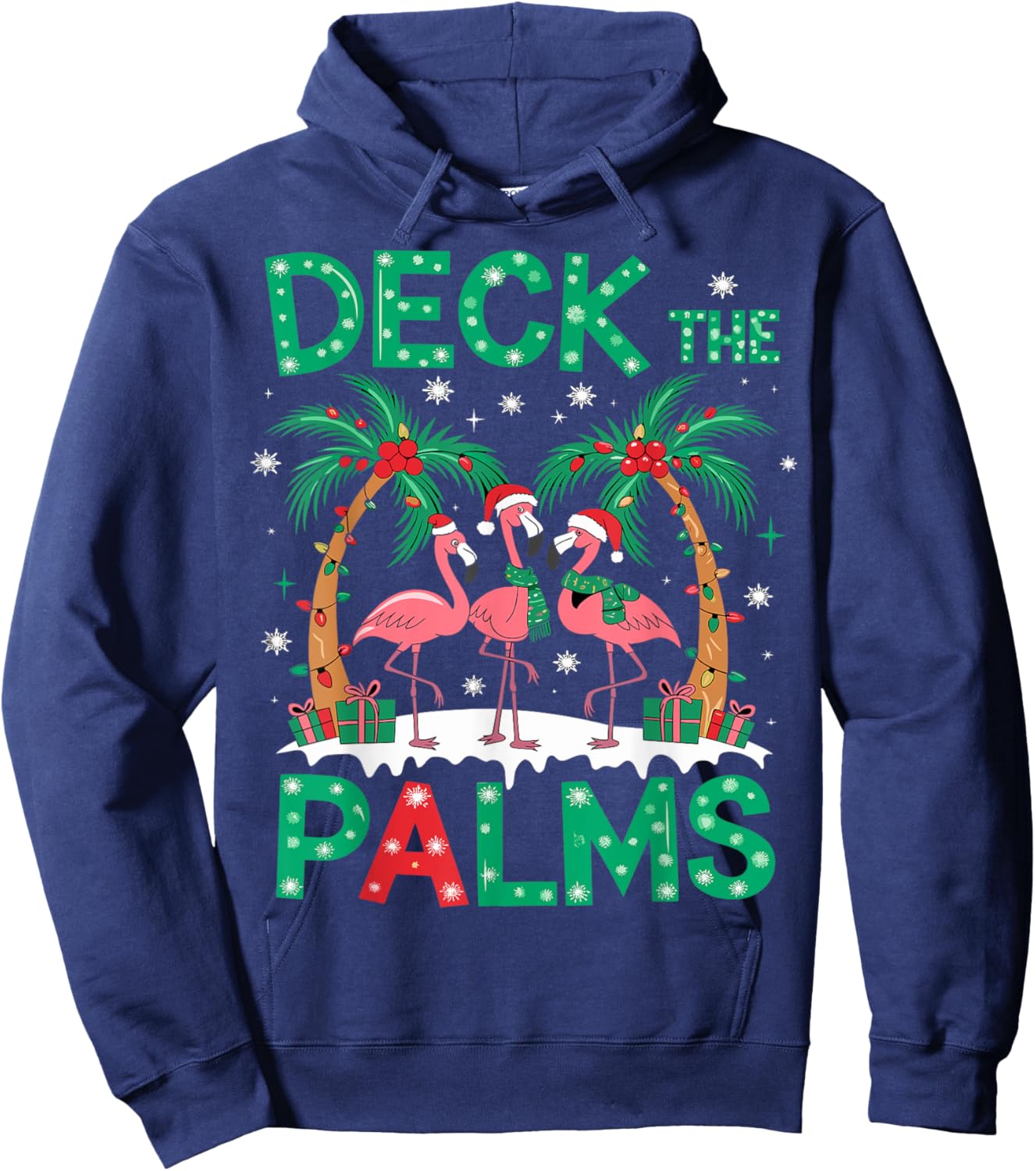 Deck the Palms Flamingo Tropical Christmas Lights Palm Tree Hoodie - Hoodie | Navy