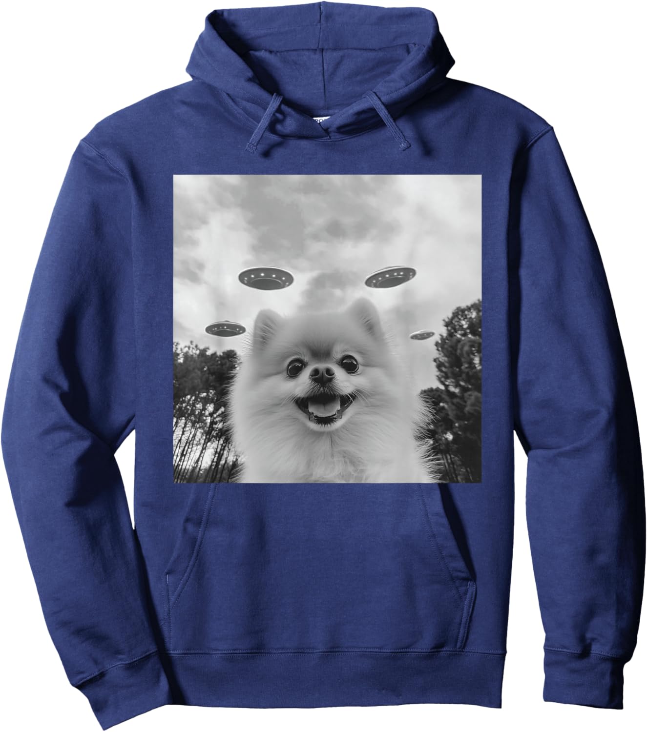 Cute Pomeranian Dog Selfie With UFO UAP Invasion Alien Hoodie - Hoodie | Navy