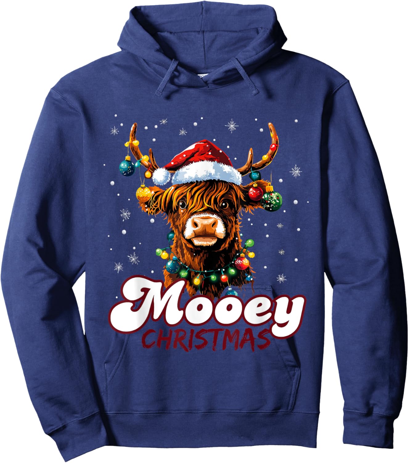 Mooey Christmas Highland Cow with Santa Hat and Xmas Lights Hoodie - Hoodie | Navy