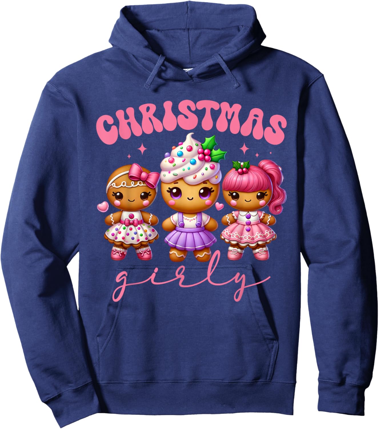 Pink Cute Gingerbread Christmas Girly Pajama Outfits Hoodie - Hoodie | Navy