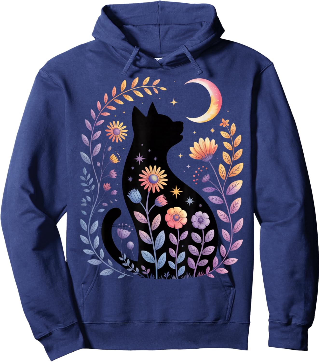 Midnight Cat and Crescent - Enchanted Lunar Garden Scene Hoodie - Hoodie | Navy
