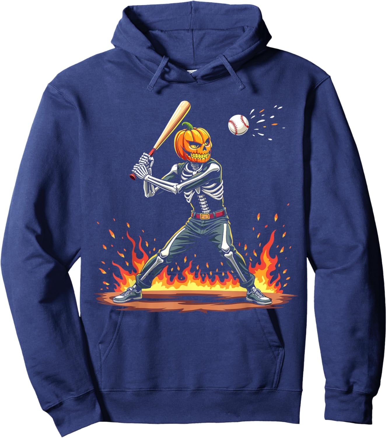 Pumpkin Head Skeleton Baseball Halloween Spooky Sports Hoodie - Hoodie | Navy
