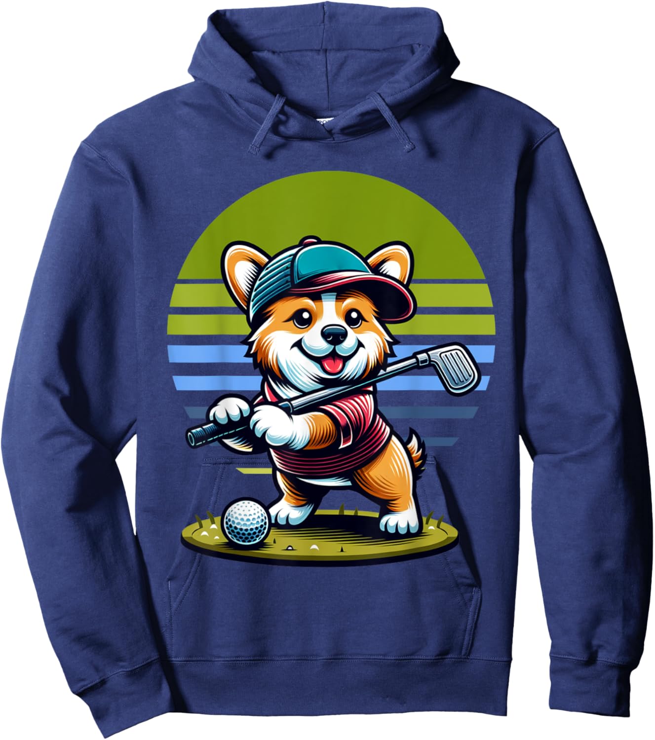 Standing Corgi Swinging Golf Club. Funny Corgi And Golf Hoodie - Hoodie | Navy