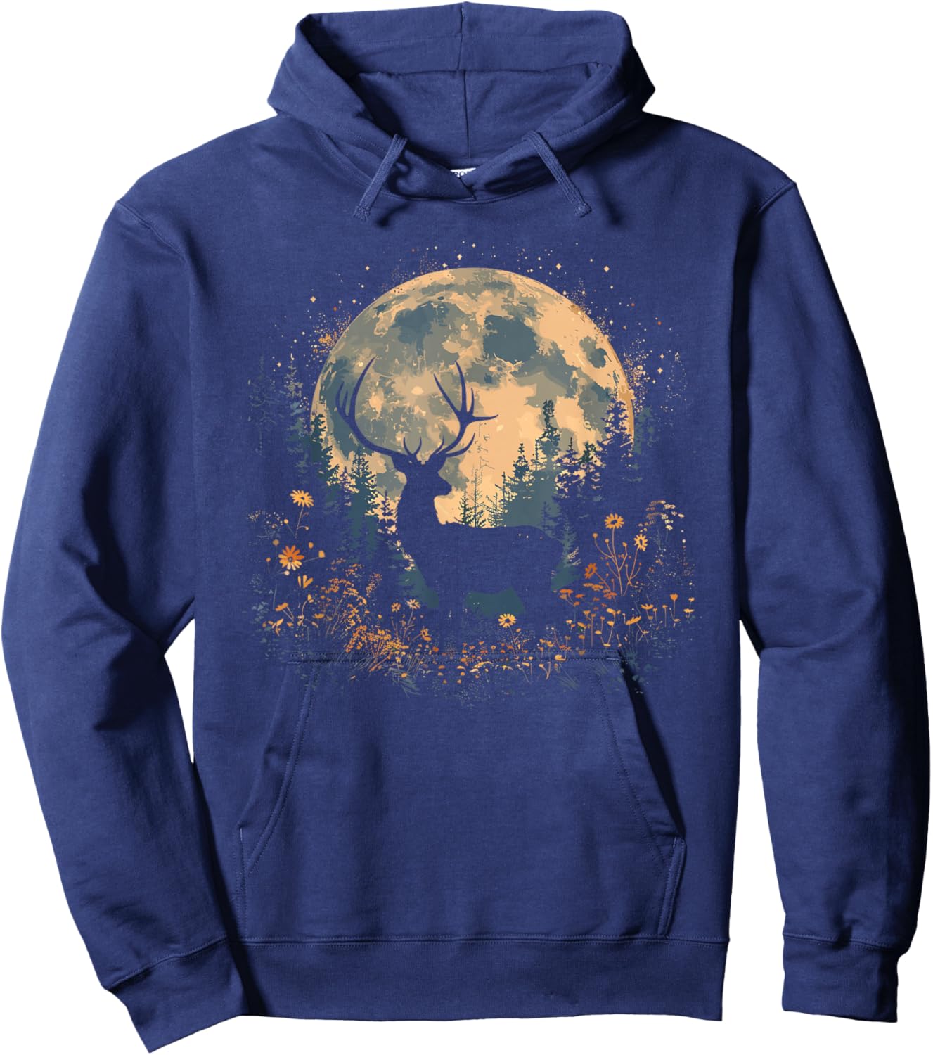 Deer Floral Full Moon Whitetail Buck Deer Flowers Hoodie - Hoodie | Navy