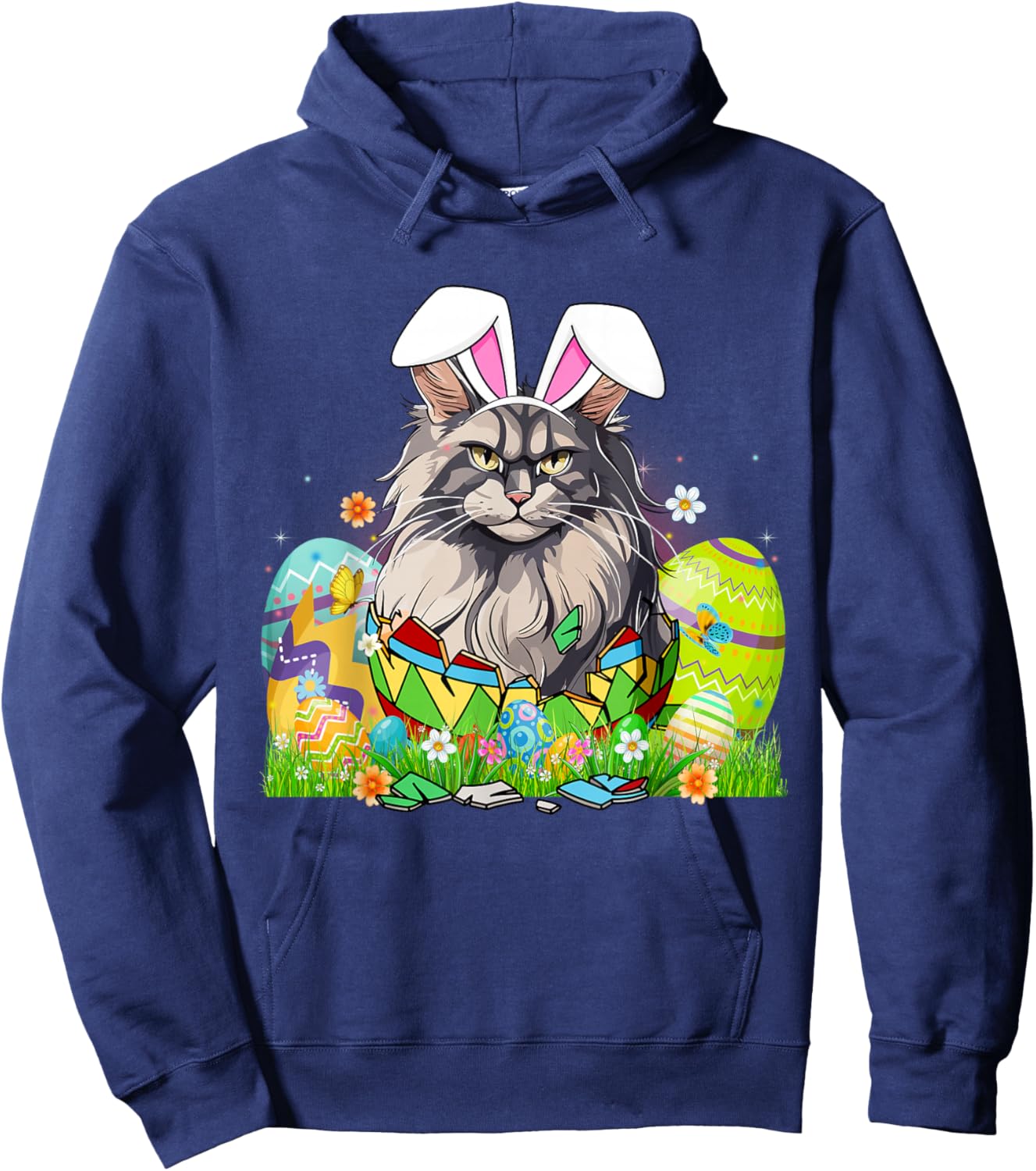 Cute Maine Coon Cat & Bunny Ears In Easter Egg Easter Day Hoodie - Hoodie | Navy