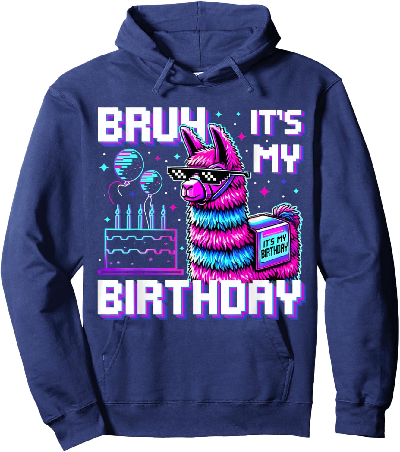 Bruh Its My Birthday Boys Girls Matching Funny Alpaca Theme Hoodie - Hoodie | Navy