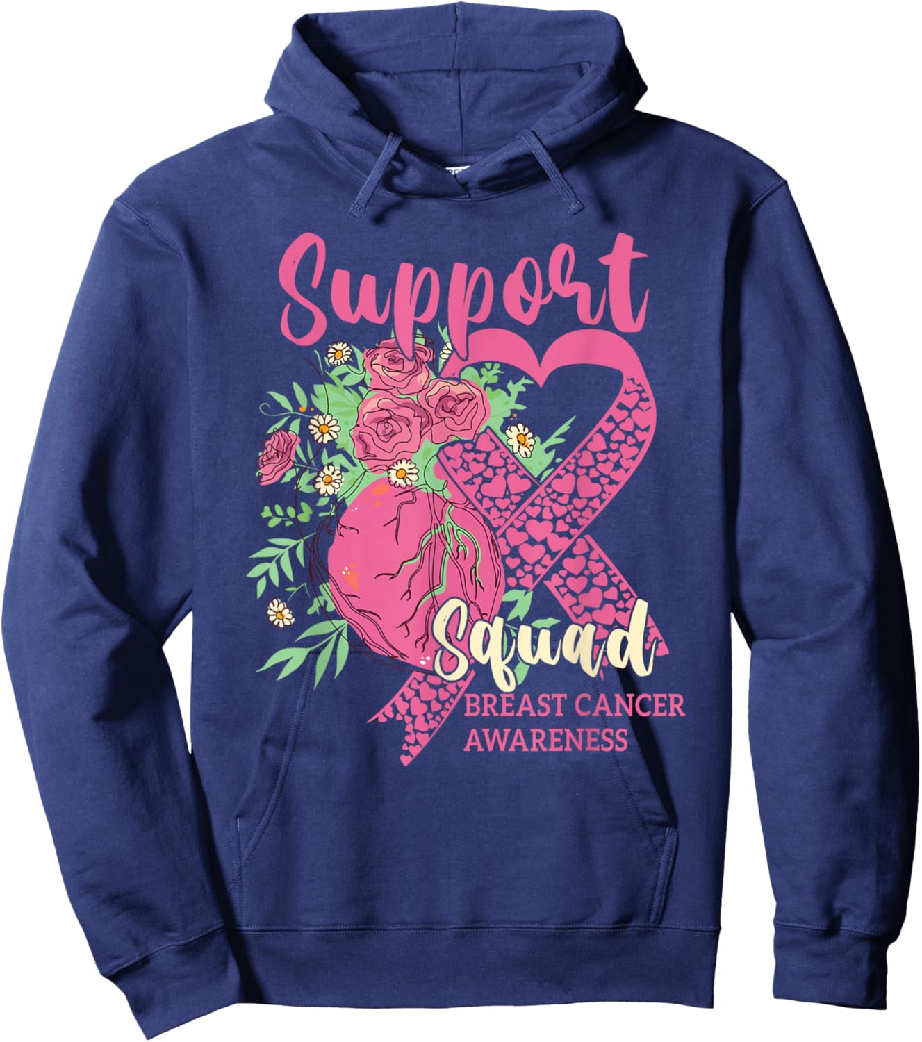 Breast Cancer Awareness Cute Heart Pink Ribbon Support Squad Hoodie - Hoodie | Navy