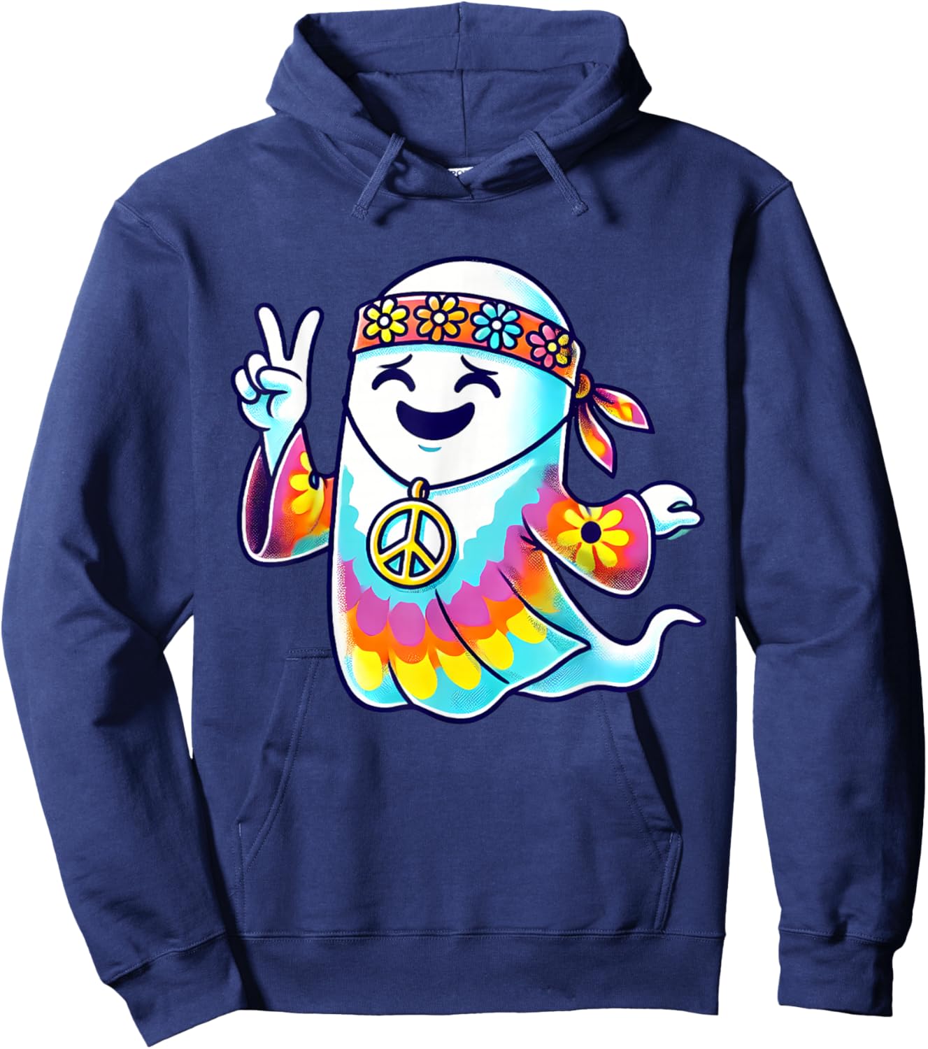 Hippie Ghost Tie Dye Flowers Halloween Men Women Kids Hoodie - Hoodie | Navy