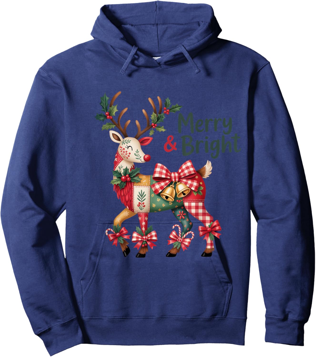 Christmas Patchwork Reindeer Merry & Bright Hoodie - Hoodie | Navy