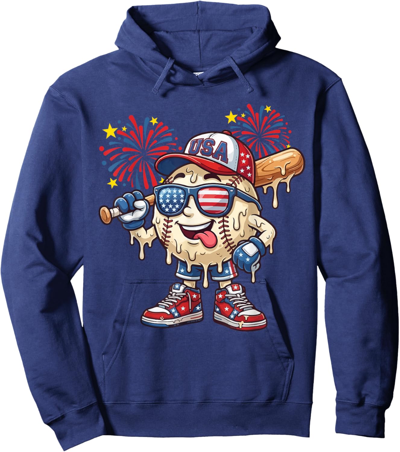 Baseball Drip American Flag for Boys Kids Youth 4th of July Hoodie - Hoodie | Navy