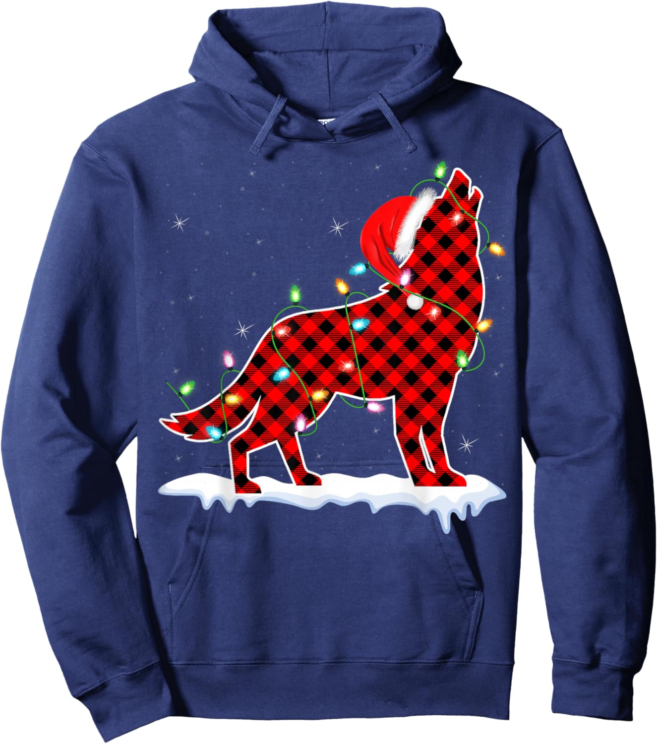 Santa Wolf Xmas Lighting Buffalo Plaid Wolf Christmas Pajama Hoodie - Hoodie | Navy
