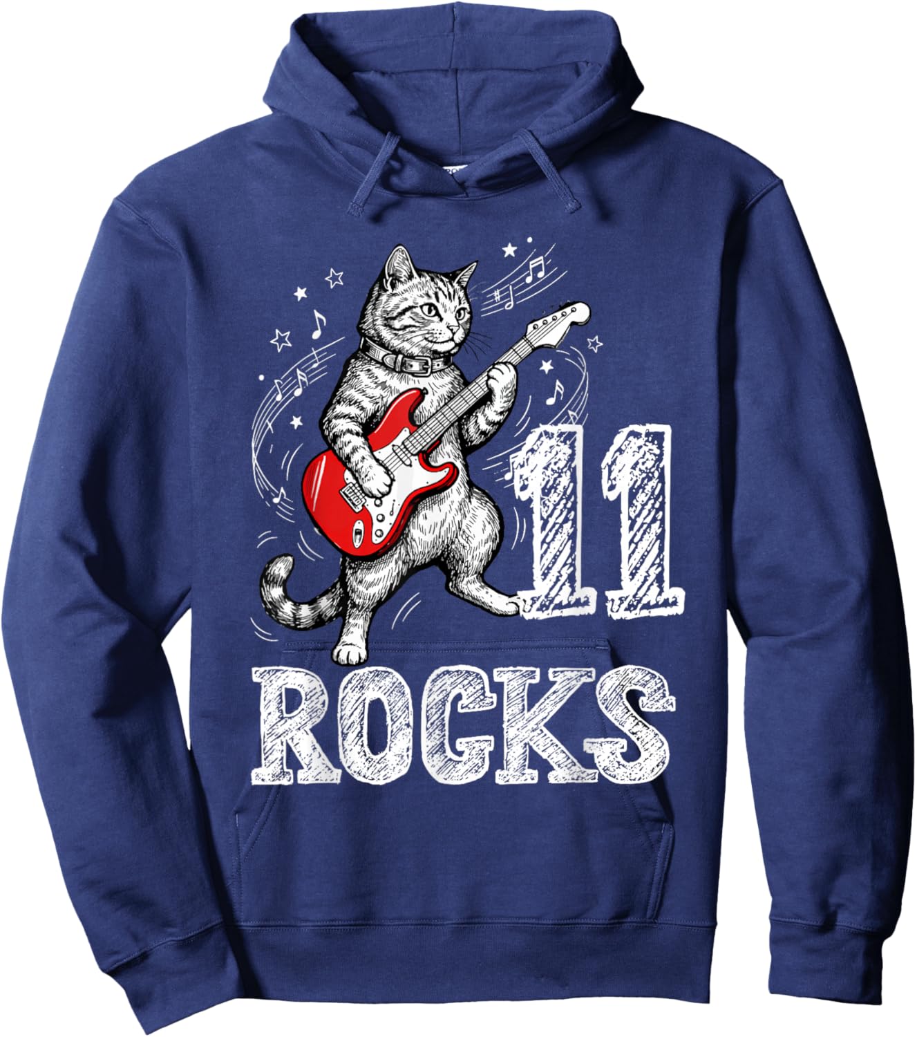 Funny Cat Playing Guitar 11 Rocks 11th Birthday Kids Gift Hoodie - Hoodie | Navy