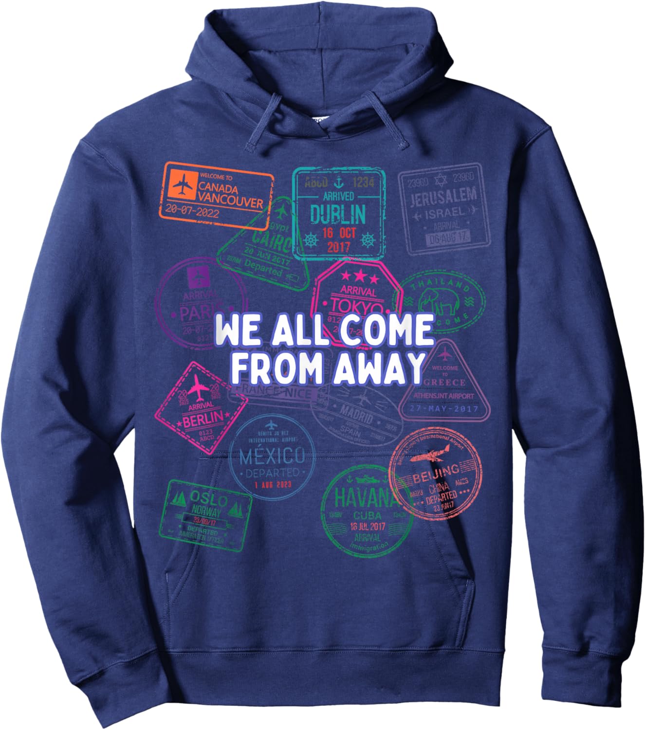 We All Come From Away Travel Stamps Musical Theatre Hoodie - Hoodie | Navy