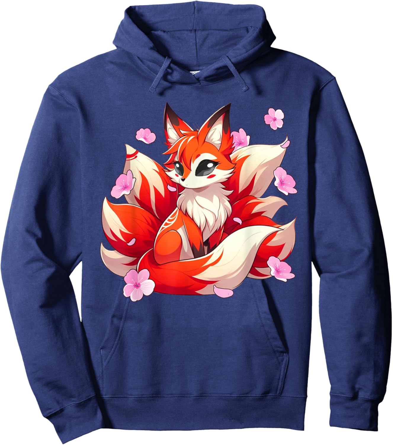 Japanese Kawaii Kitsune Nine Tail Fox Cherry Blossom Flowers Hoodie - Hoodie | Navy