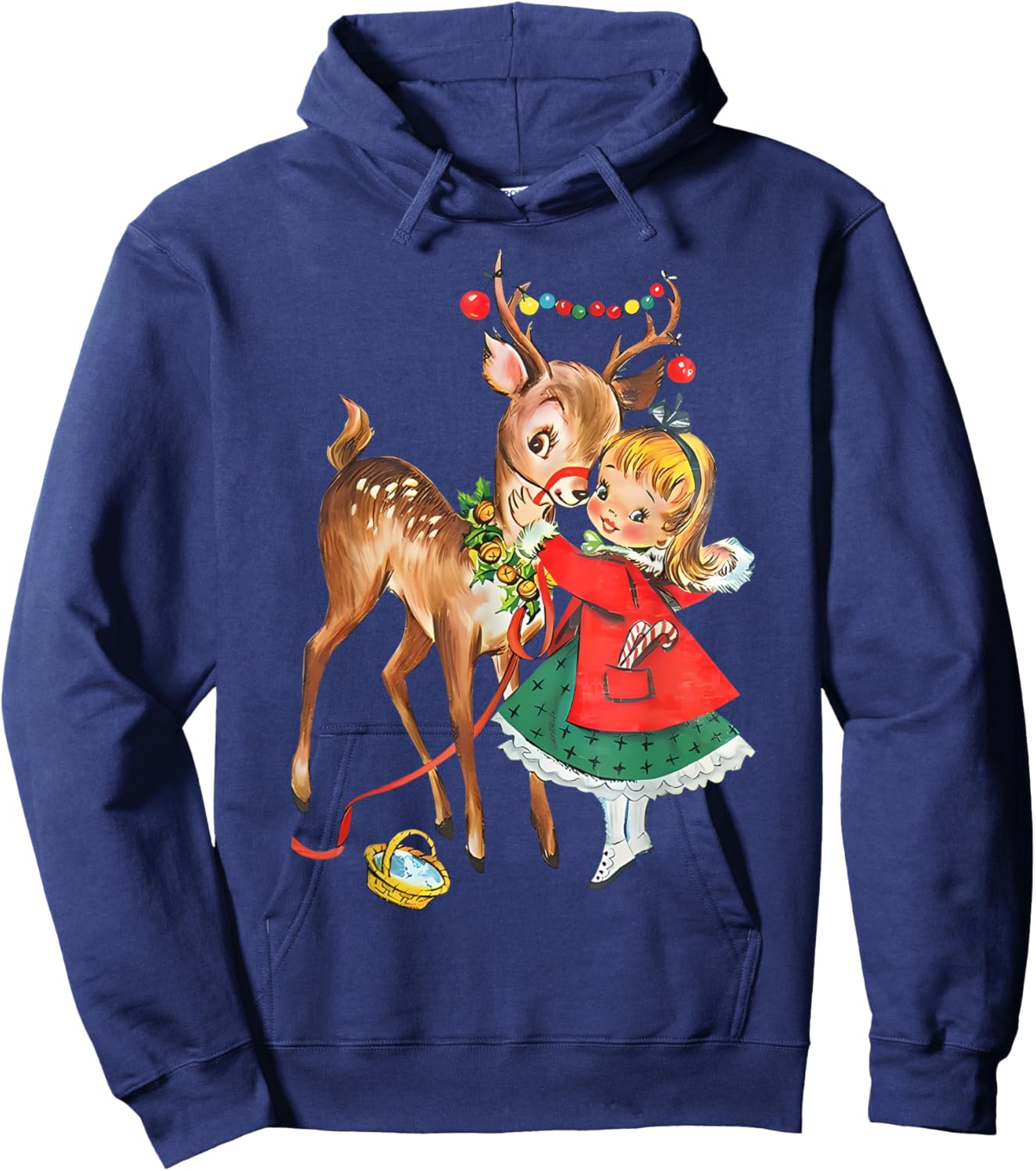 Vintage 1950s Old Fashioned Family Christmas Retro Christmas Reindeer And Girl Mid Century Xmas Hoodie - Hoodie | Navy