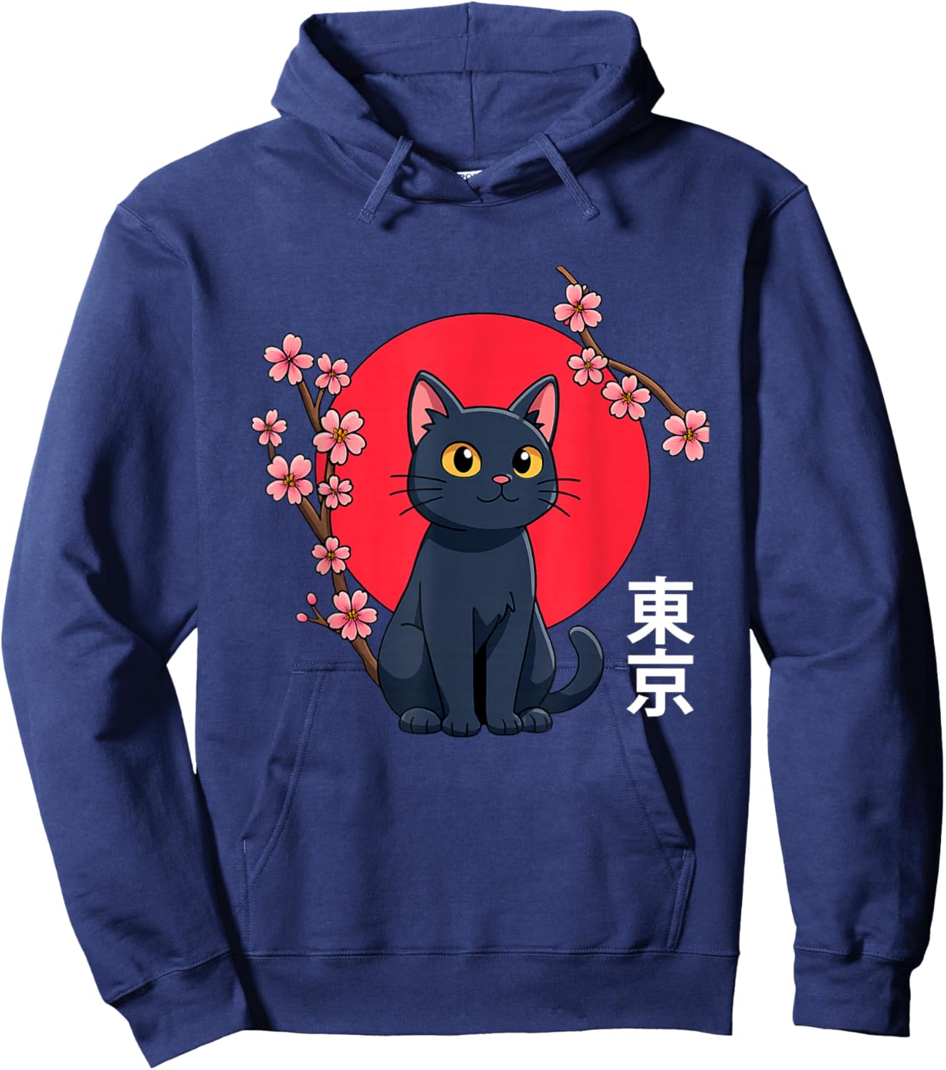 Japanese Kawaii Black Cat And Cherry Blossoms Tokyo Japan Hoodie - Hoodie | Navy