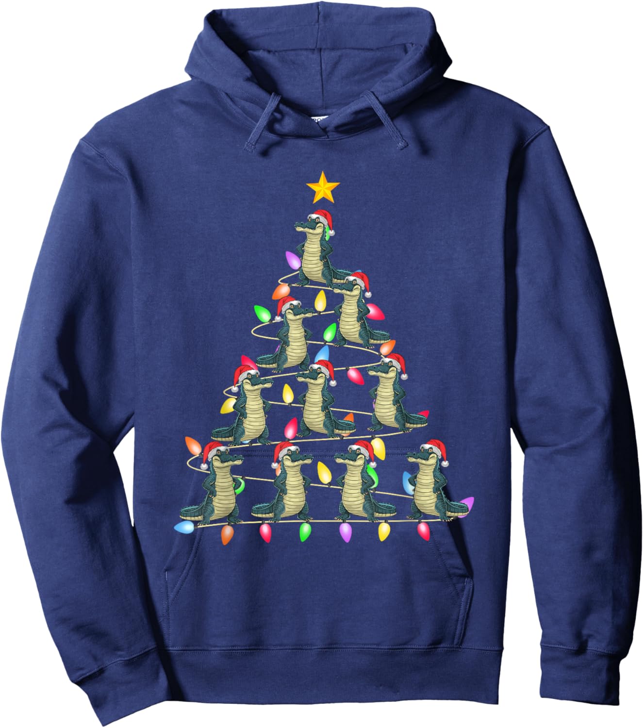 Christmas Tree Lights Men Women Santa Alligator Xmas PJs Hoodie - Hoodie | Navy
