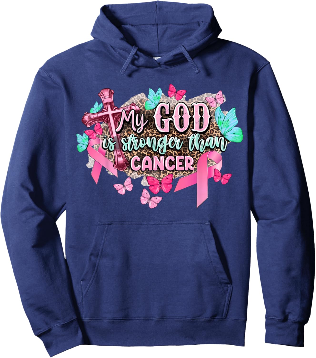 My God Is Stronger Than Breast Cancer Awareness Christian Hoodie - Hoodie | Navy