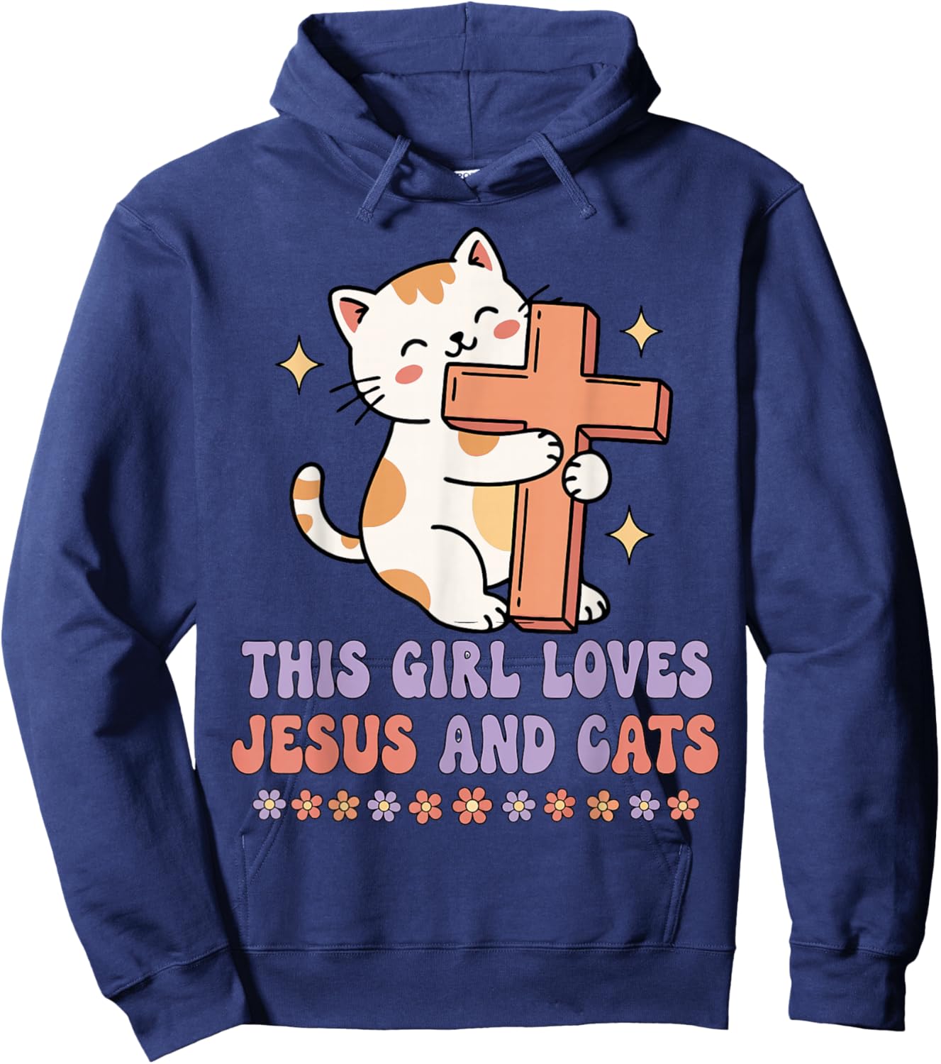 Christian This Girl Loves Jesus and Cats Cat Hugging Cross Hoodie - Hoodie | Navy