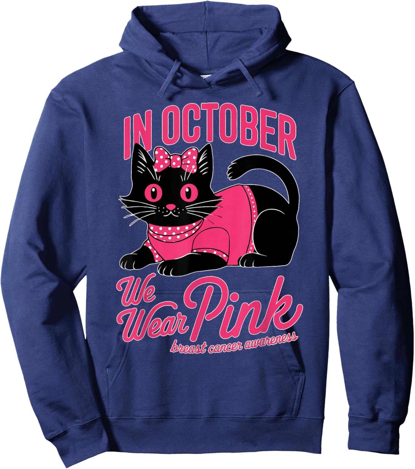 Cute Cat Pink Ribbon In October We Wear Pink Breast Cancer Women Girls Kids Hoodie - Hoodie | Navy