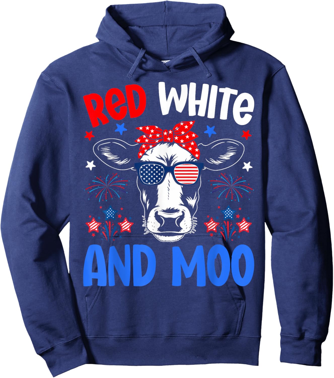 Red White and Moo Patriotic Cow USA Flag for 4th of July Hoodie - Hoodie | Navy
