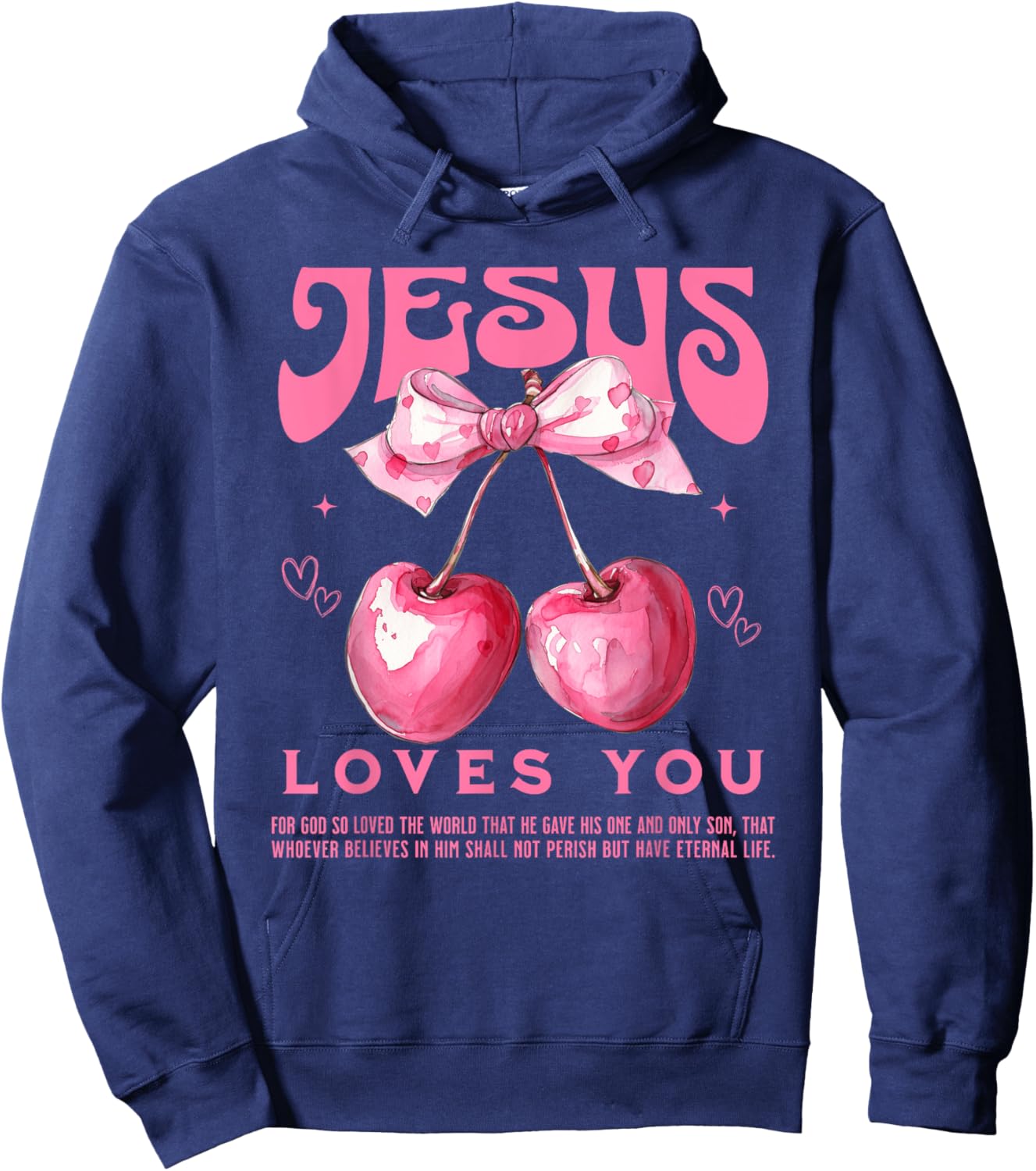 Crochet Pink Cherry Bow Bible Verse Jesus Coquette Christian Hoodie - Hoodie | Navy