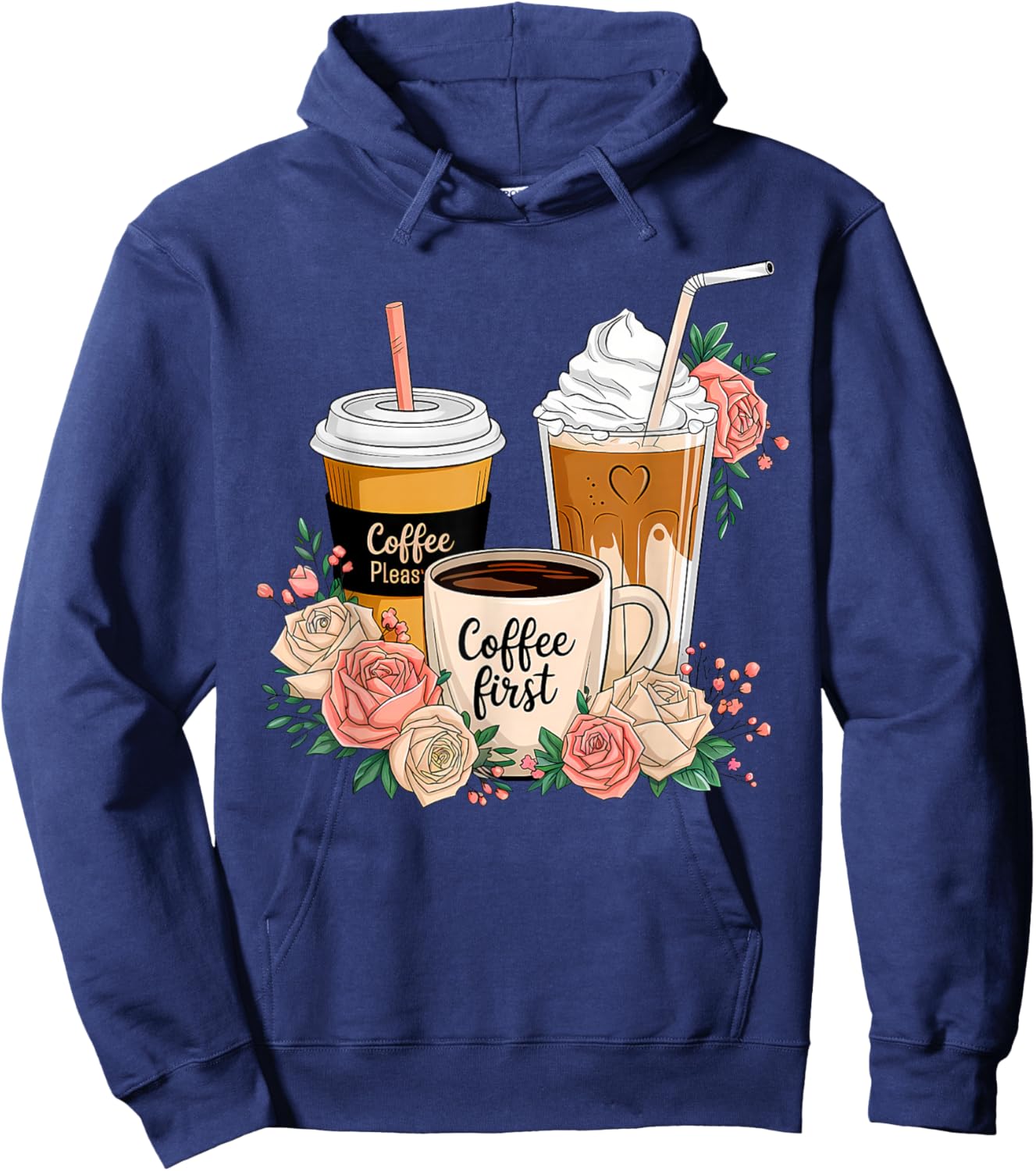 Floral Coffee Cup Iced Latte With Spring Flowers Hoodie - Hoodie | Navy