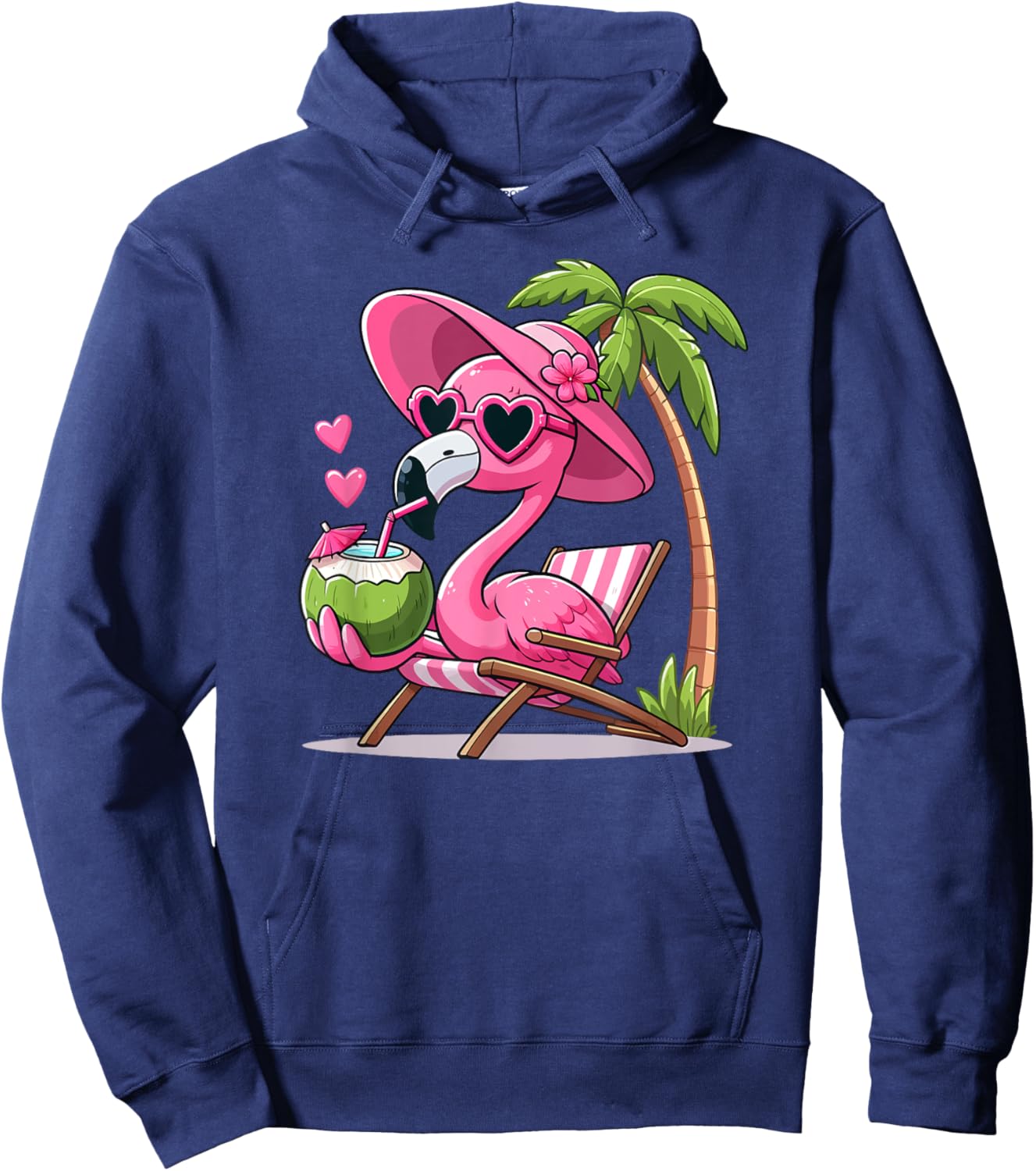 Pink Flamingo Summer Vibes Beach Palm Tree Summer Vacation Hoodie - Hoodie | Navy