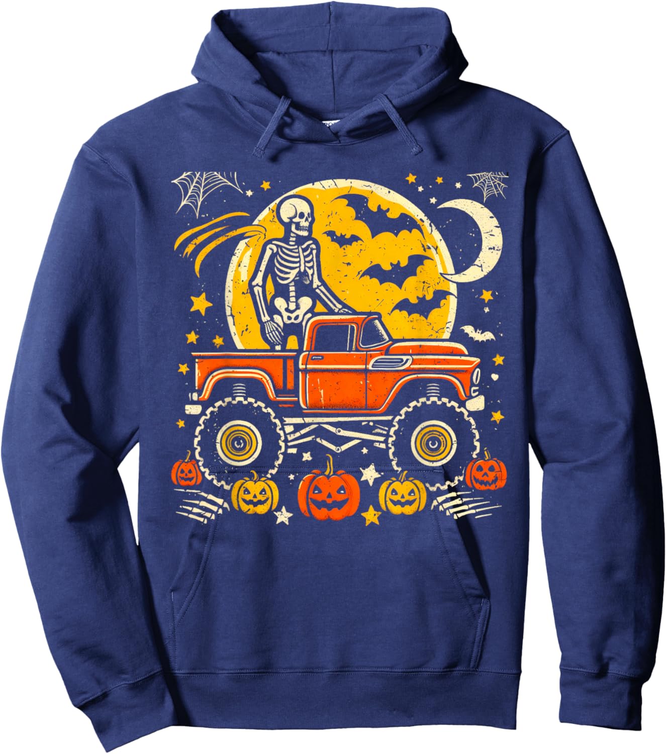 Monster Truck Halloween Jack O Lantern Moon Pumpkin Skeleton Hoodie - Hoodie | Navy